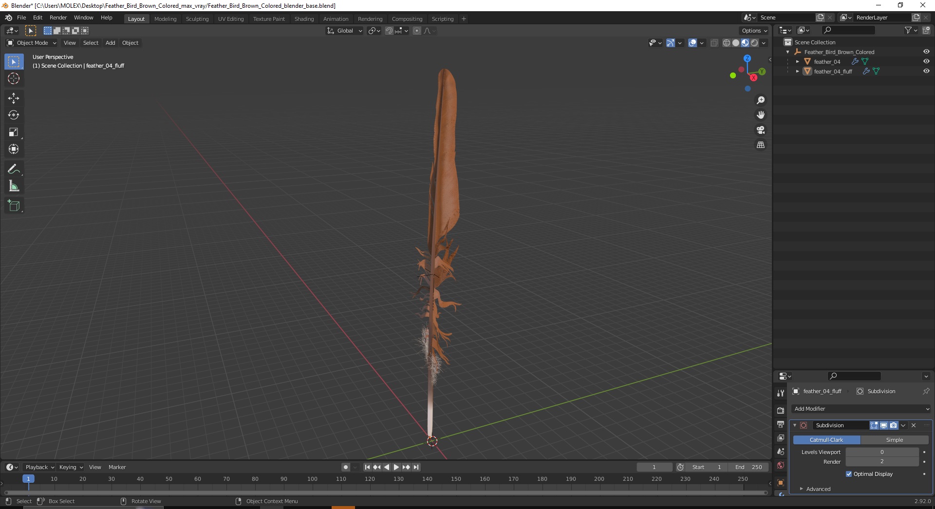 3D Feather Bird Brown Colored