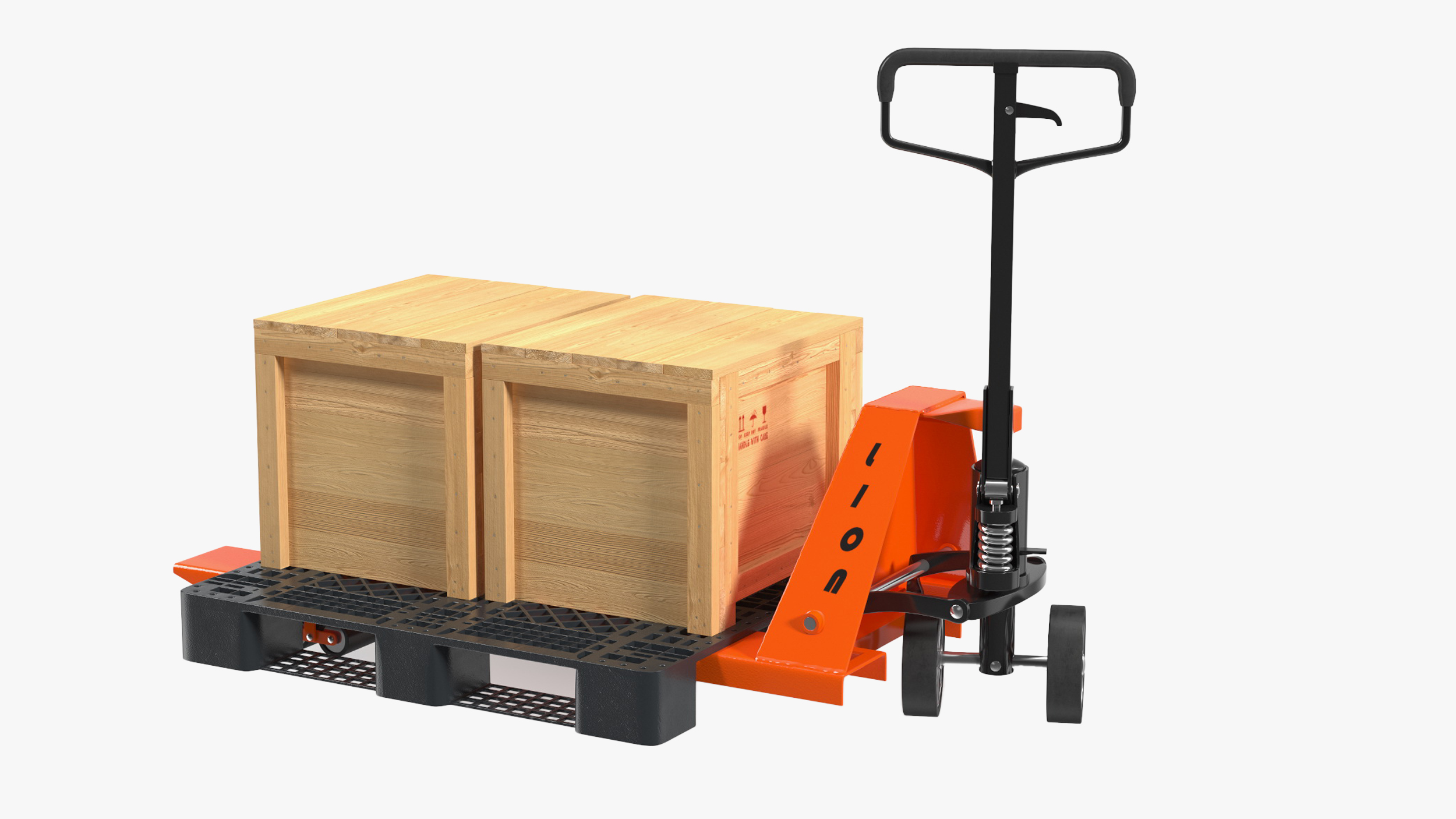 3D Lion Premium Pallet Jack Rigged with Wooden Crates Rigged for Cinema 4D