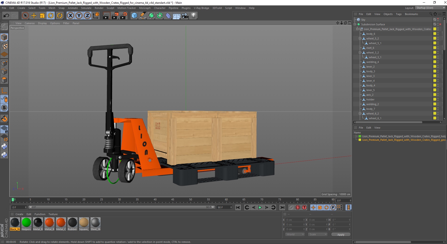 3D Lion Premium Pallet Jack Rigged with Wooden Crates Rigged for Cinema 4D