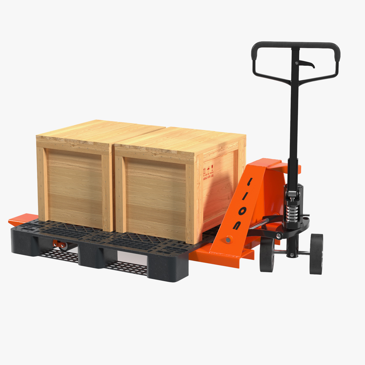 3D Lion Premium Pallet Jack Rigged with Wooden Crates Rigged for Cinema 4D