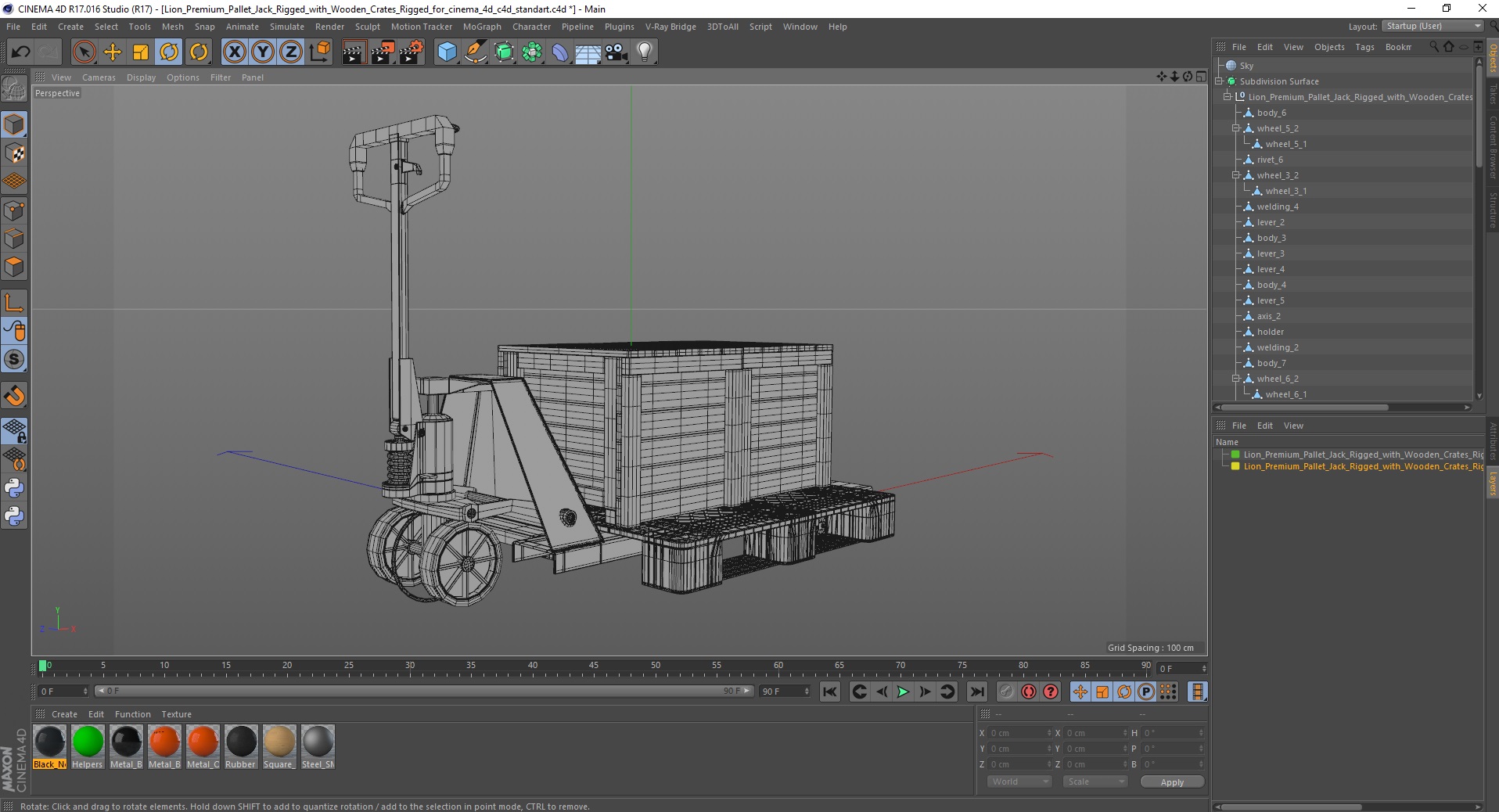 3D Lion Premium Pallet Jack Rigged with Wooden Crates Rigged for Cinema 4D