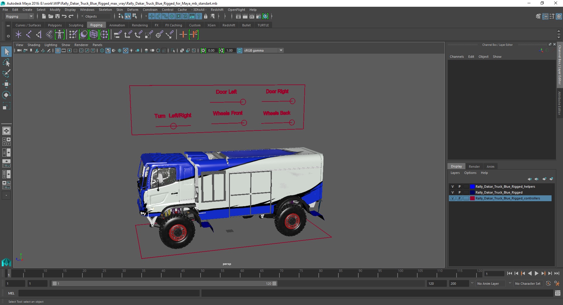 3D Rally Dakar Truck Blue Rigged for Maya model