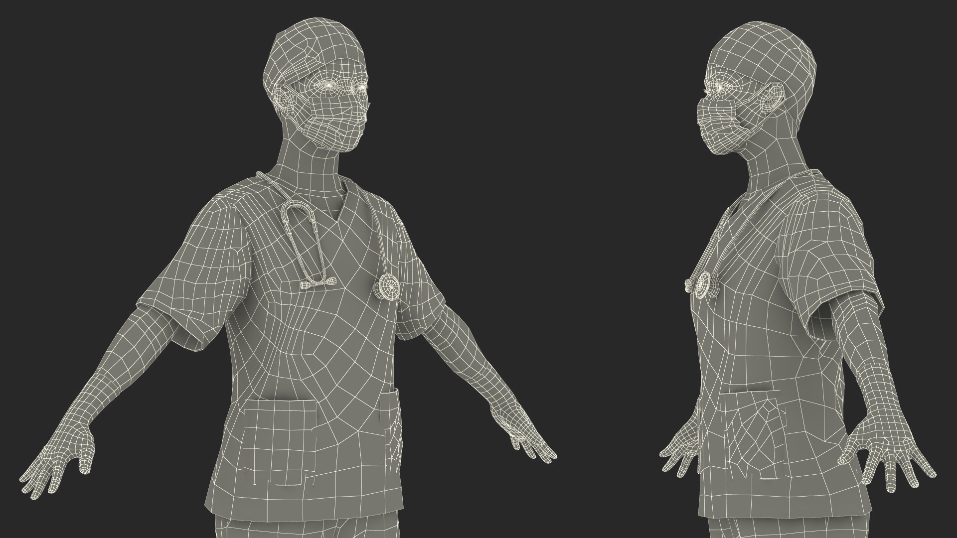 3D model Medical Professional in Scrubs with Stethoscope and Mask Fur