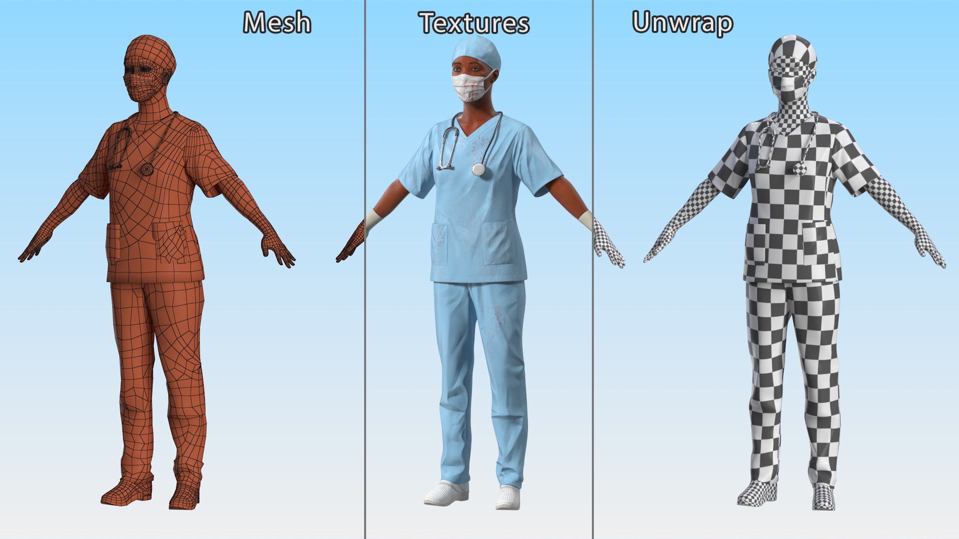 3D model Medical Professional in Scrubs with Stethoscope and Mask Fur