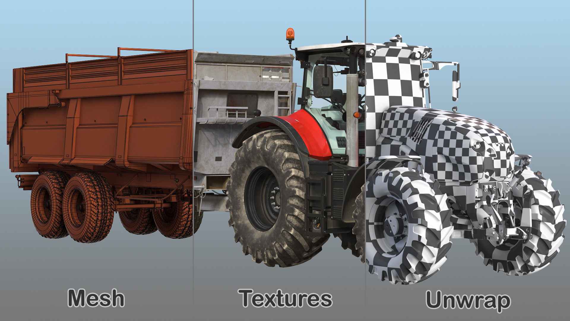 3D model Tractor with Agricultural Trailer Rigged
