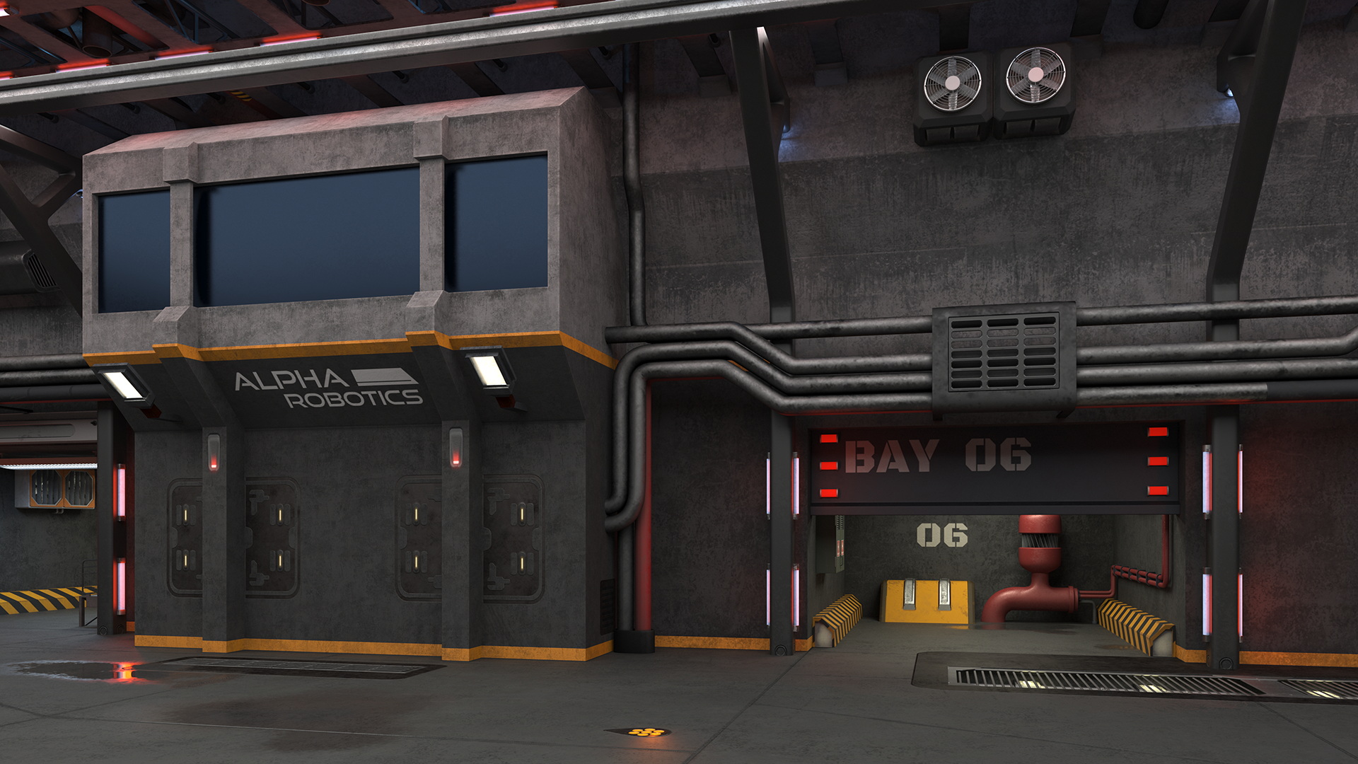 3D Sci Fi Hangar Interior Red Lights model