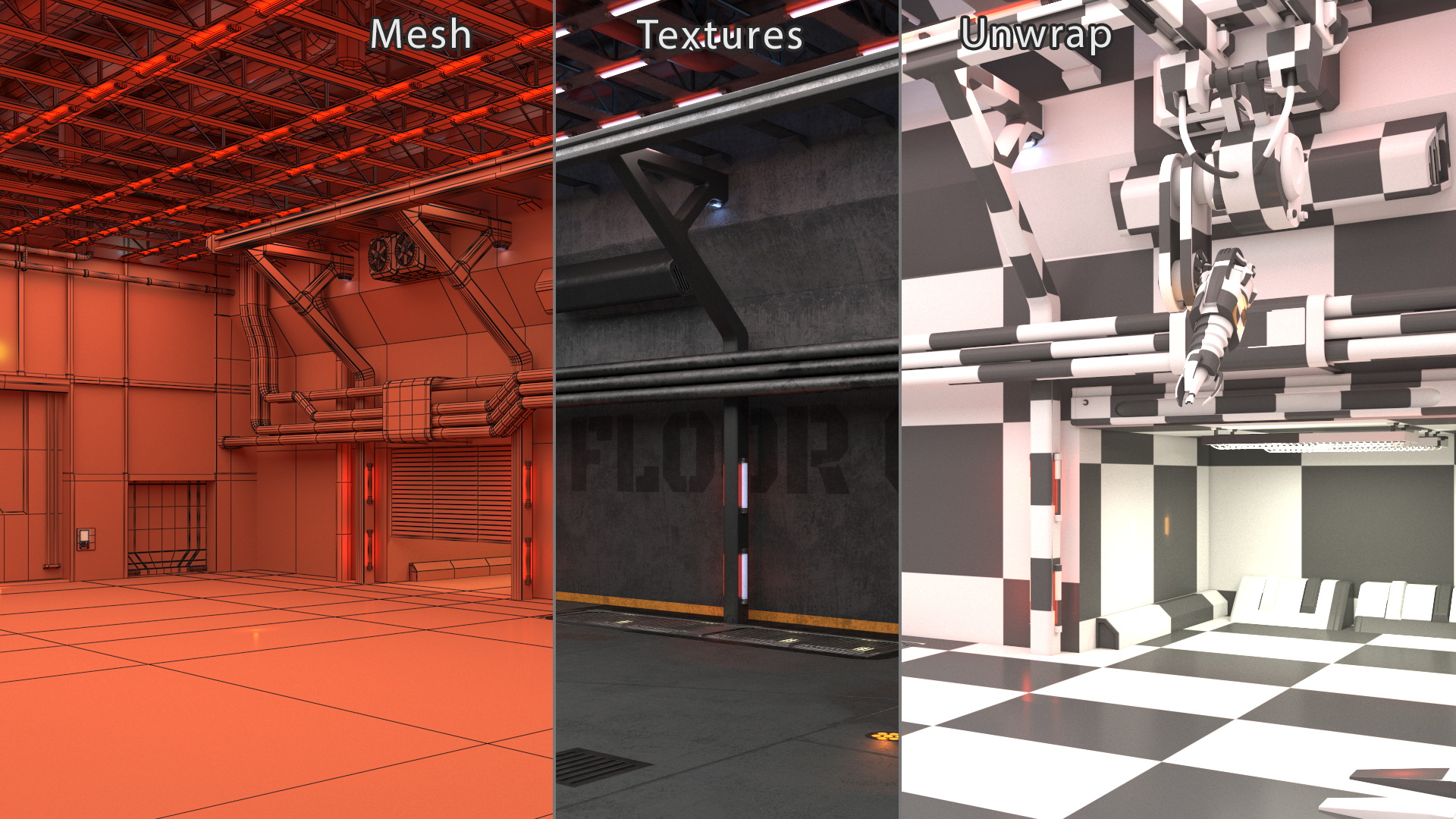 3D Sci Fi Hangar Interior Red Lights model