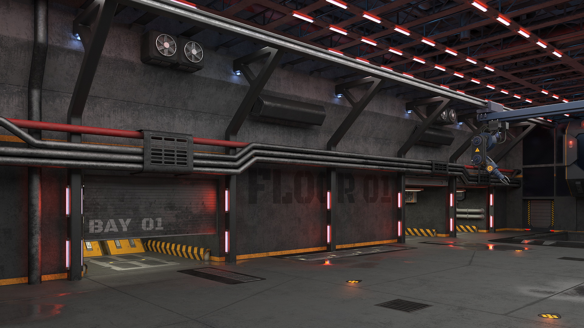 3D Sci Fi Hangar Interior Red Lights model