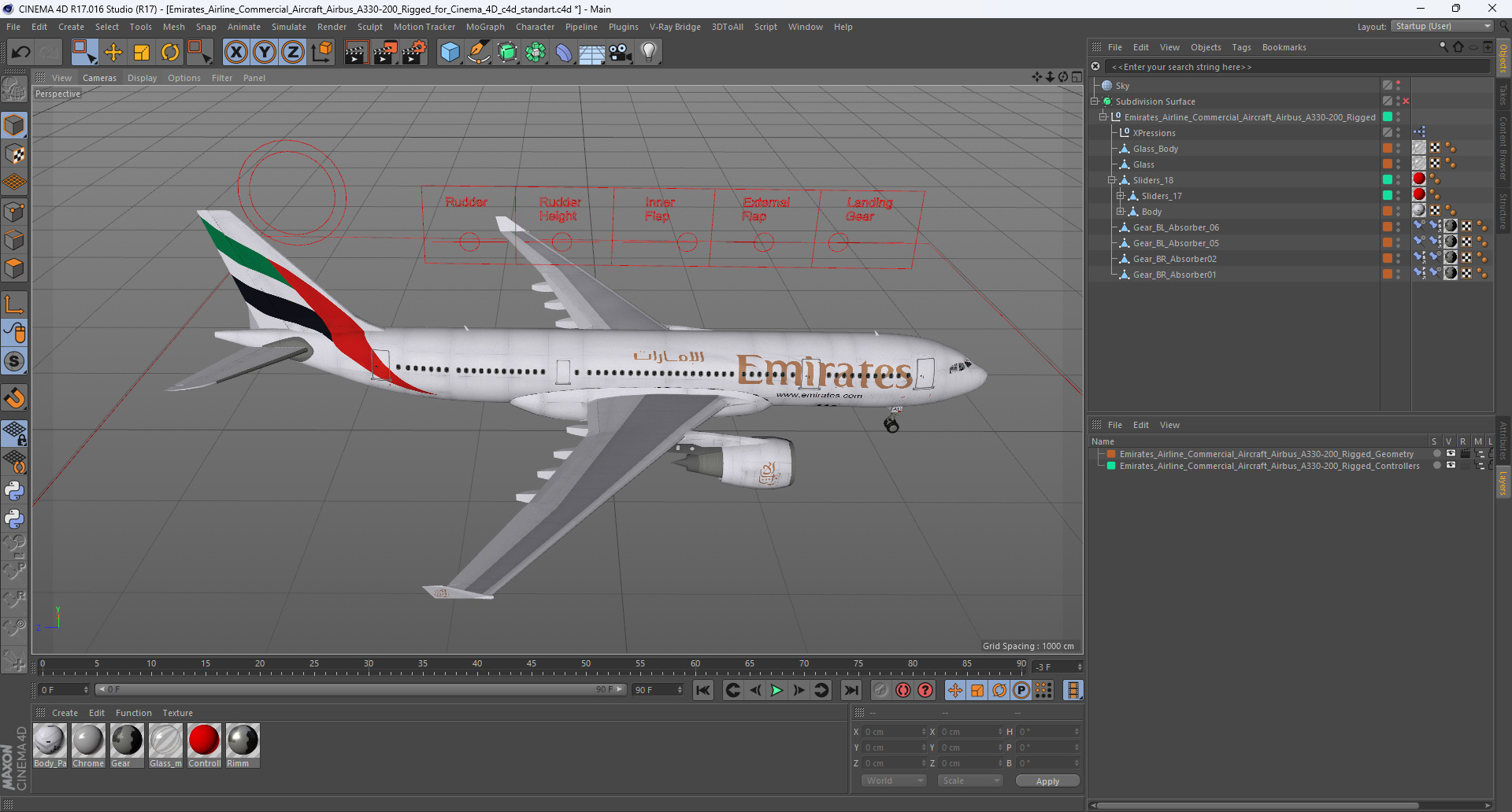 3D Emirates Airline Commercial Aircraft Airbus A330-200 Rigged for Cinema 4D model