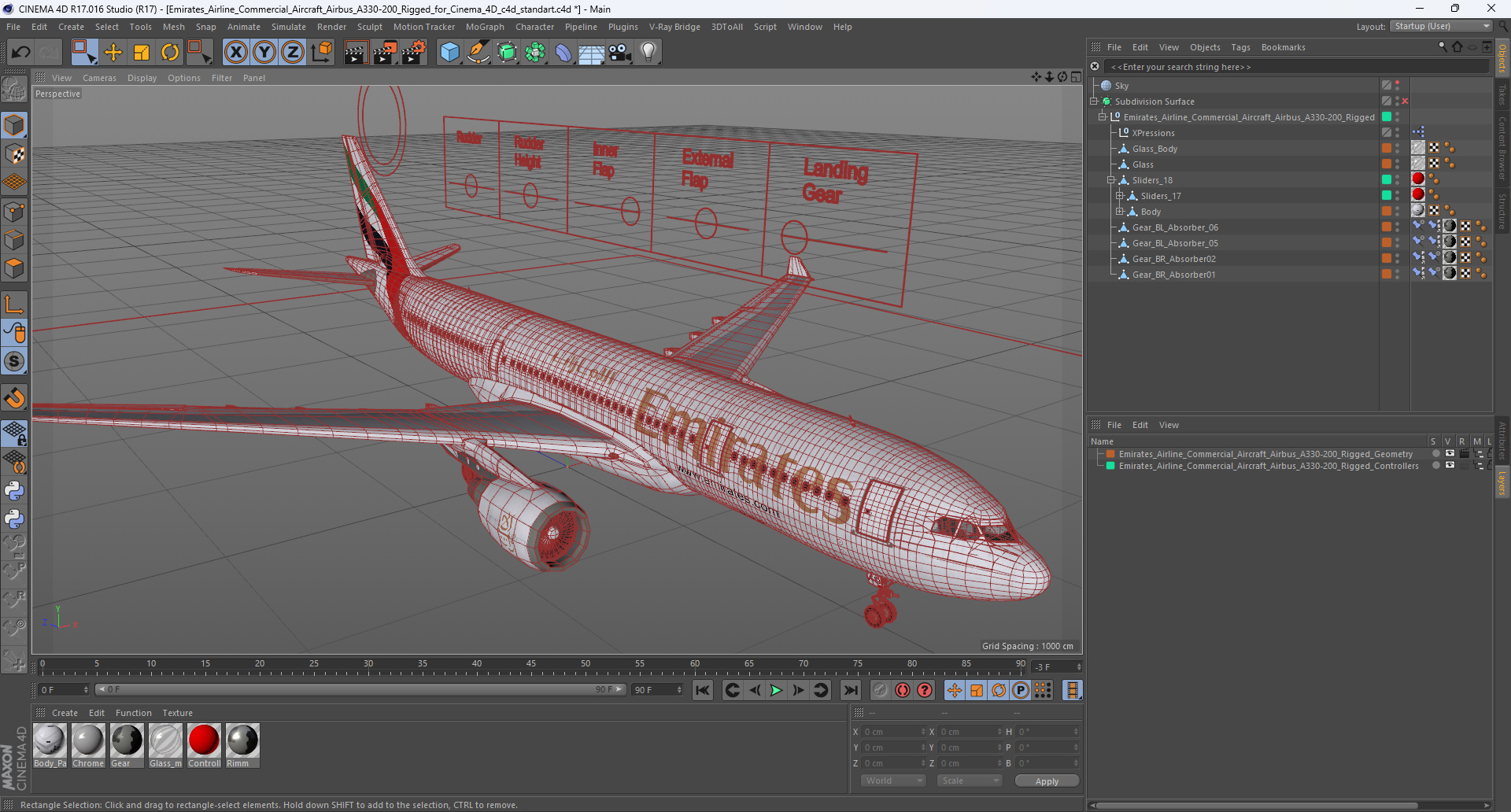 3D Emirates Airline Commercial Aircraft Airbus A330-200 Rigged for Cinema 4D model