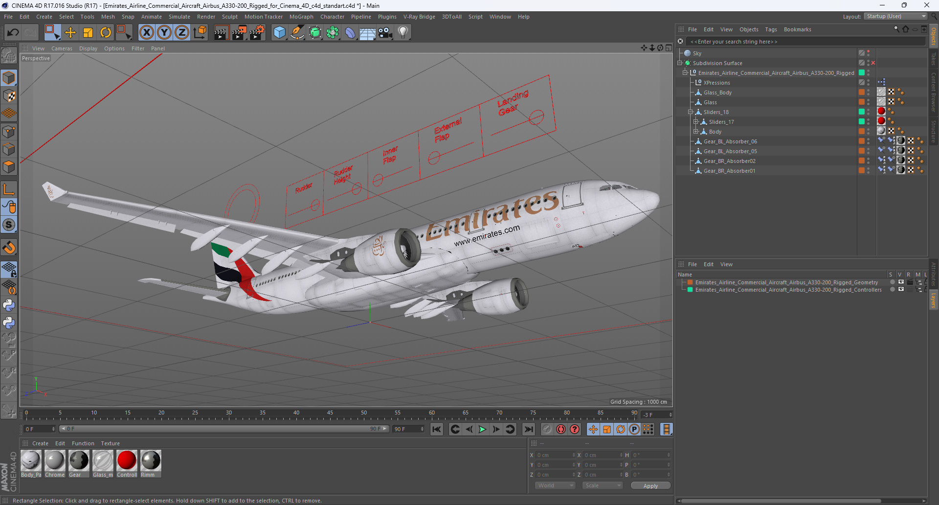 3D Emirates Airline Commercial Aircraft Airbus A330-200 Rigged for Cinema 4D model