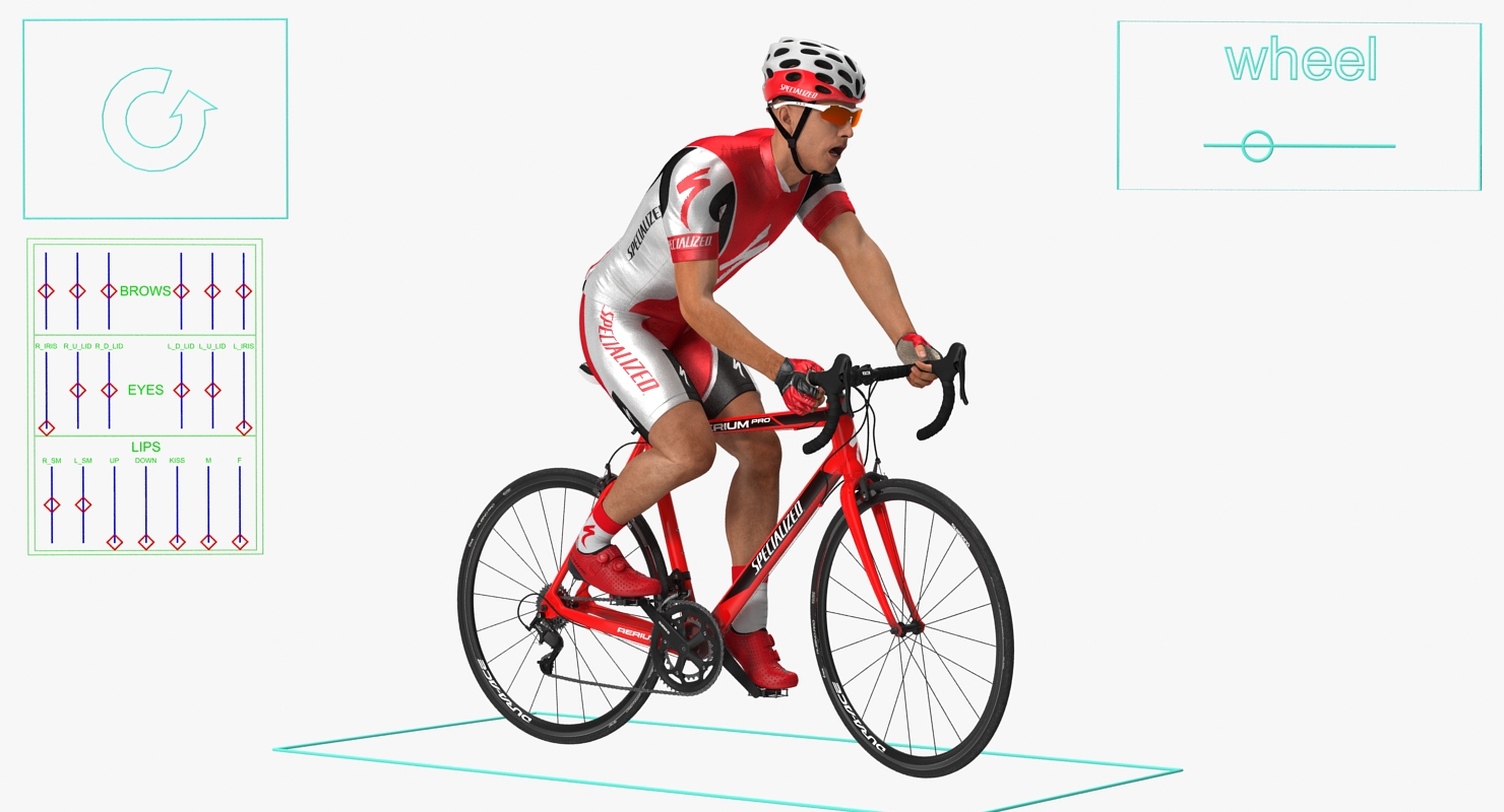 3D Bicyclist in Red Suit Riding Bicycle Rigged model