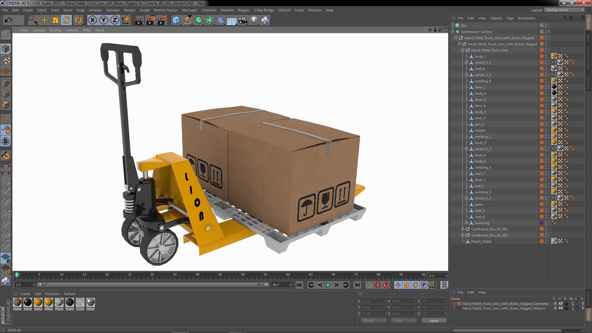 Hand Pallet Truck Lion with Boxes Rigged for Cinema 4D 3D model