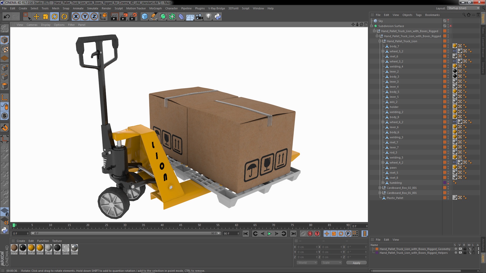 Hand Pallet Truck Lion with Boxes Rigged for Cinema 4D 3D model