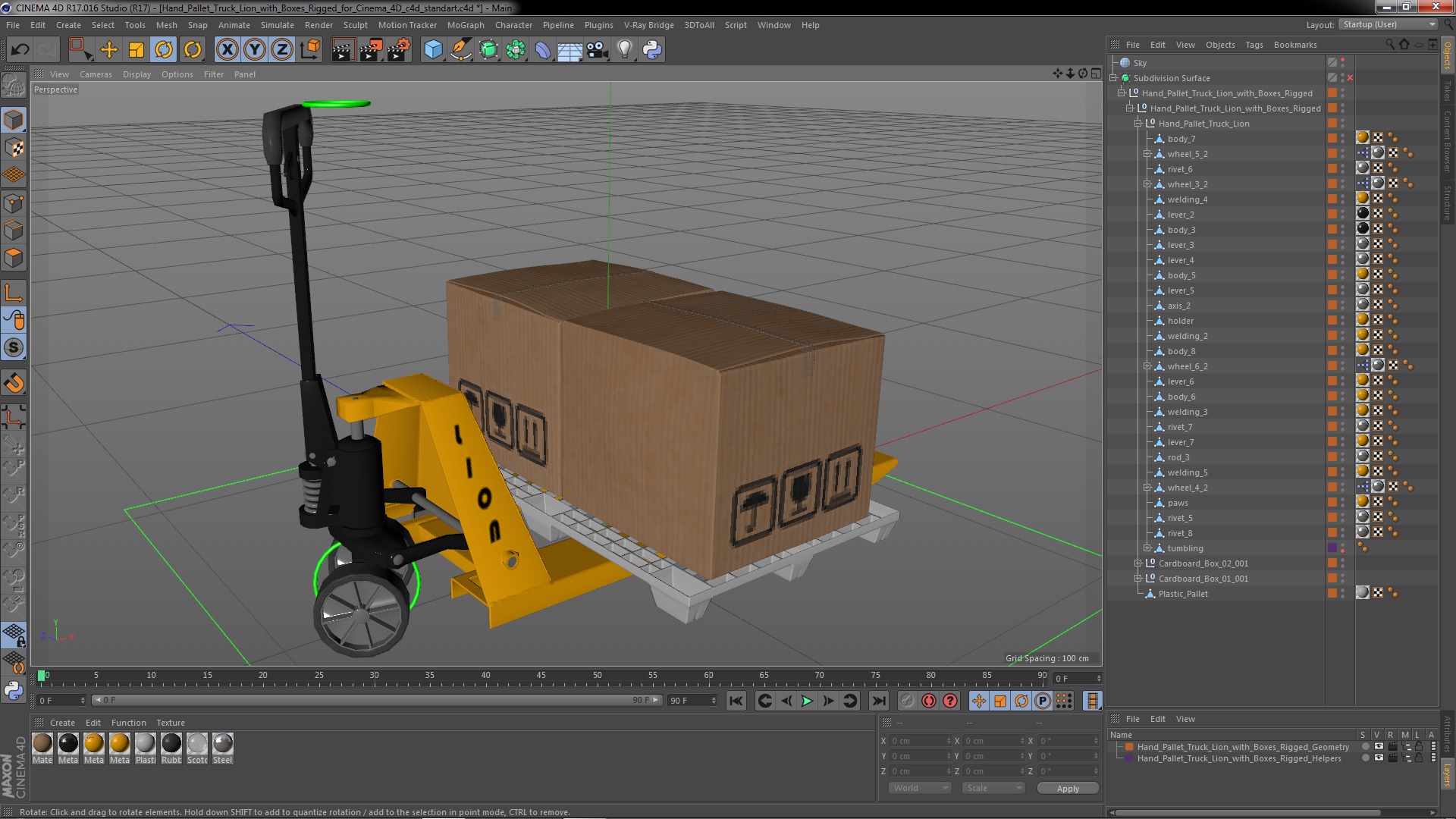 Hand Pallet Truck Lion with Boxes Rigged for Cinema 4D 3D model