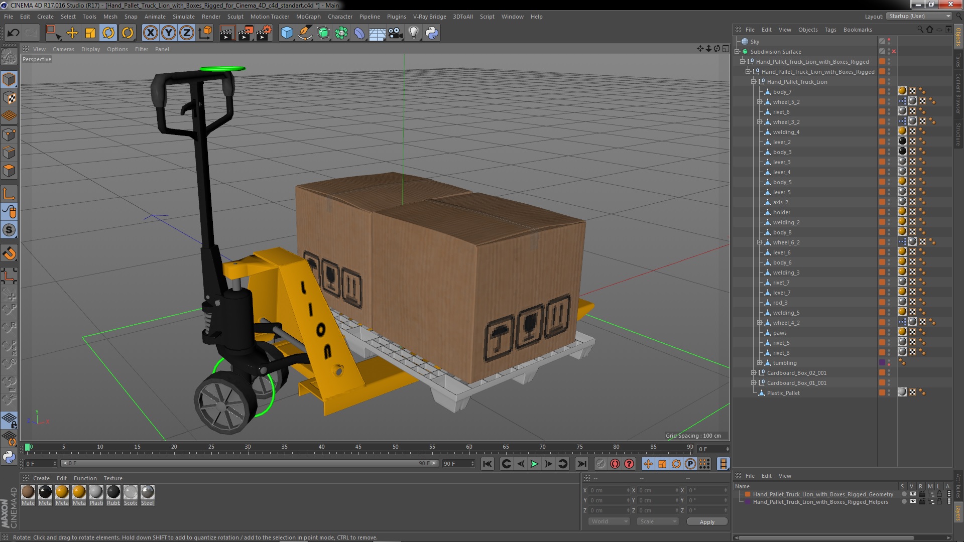 Hand Pallet Truck Lion with Boxes Rigged for Cinema 4D 3D model