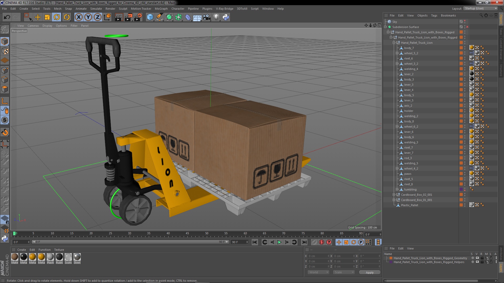 Hand Pallet Truck Lion with Boxes Rigged for Cinema 4D 3D model