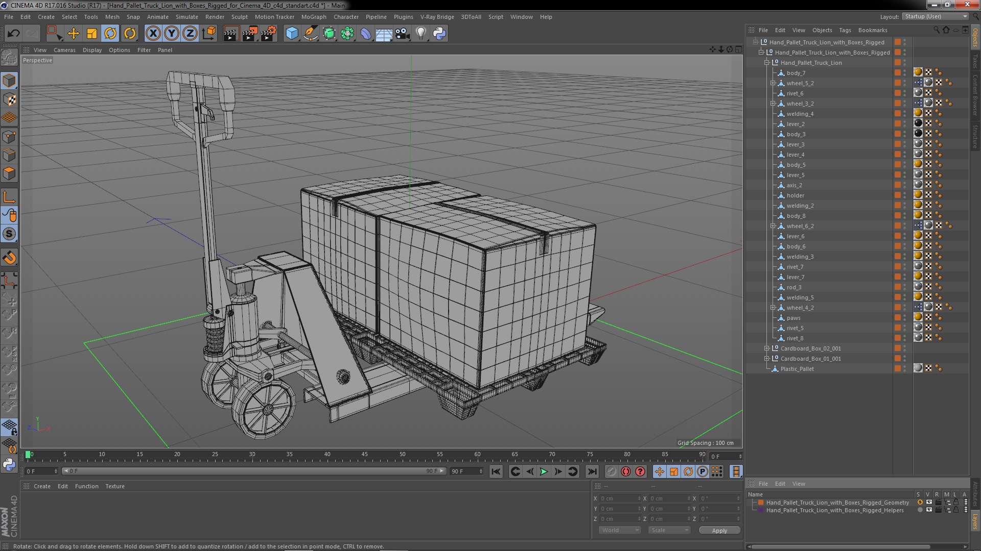 Hand Pallet Truck Lion with Boxes Rigged for Cinema 4D 3D model