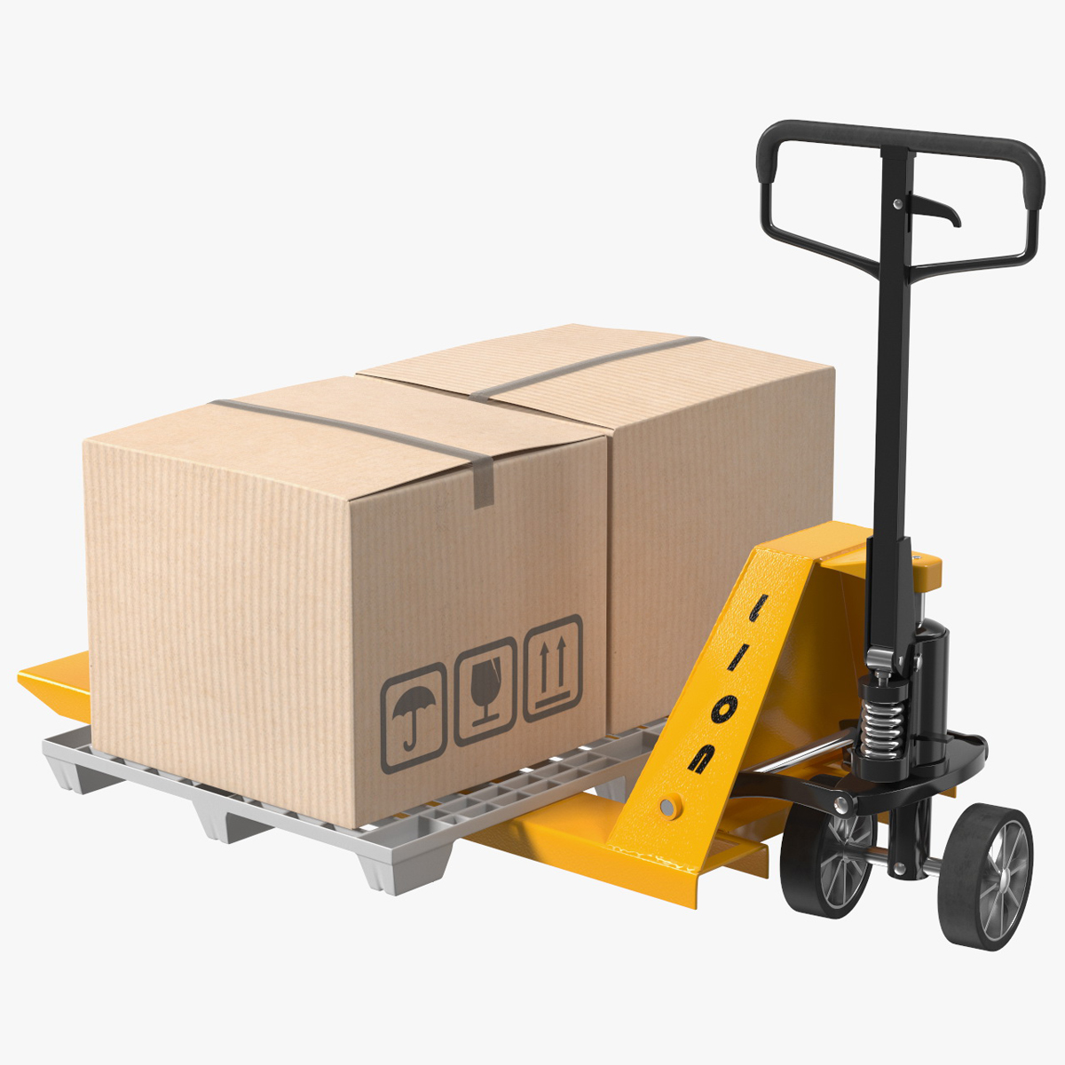 Hand Pallet Truck Lion with Boxes Rigged for Cinema 4D 3D model