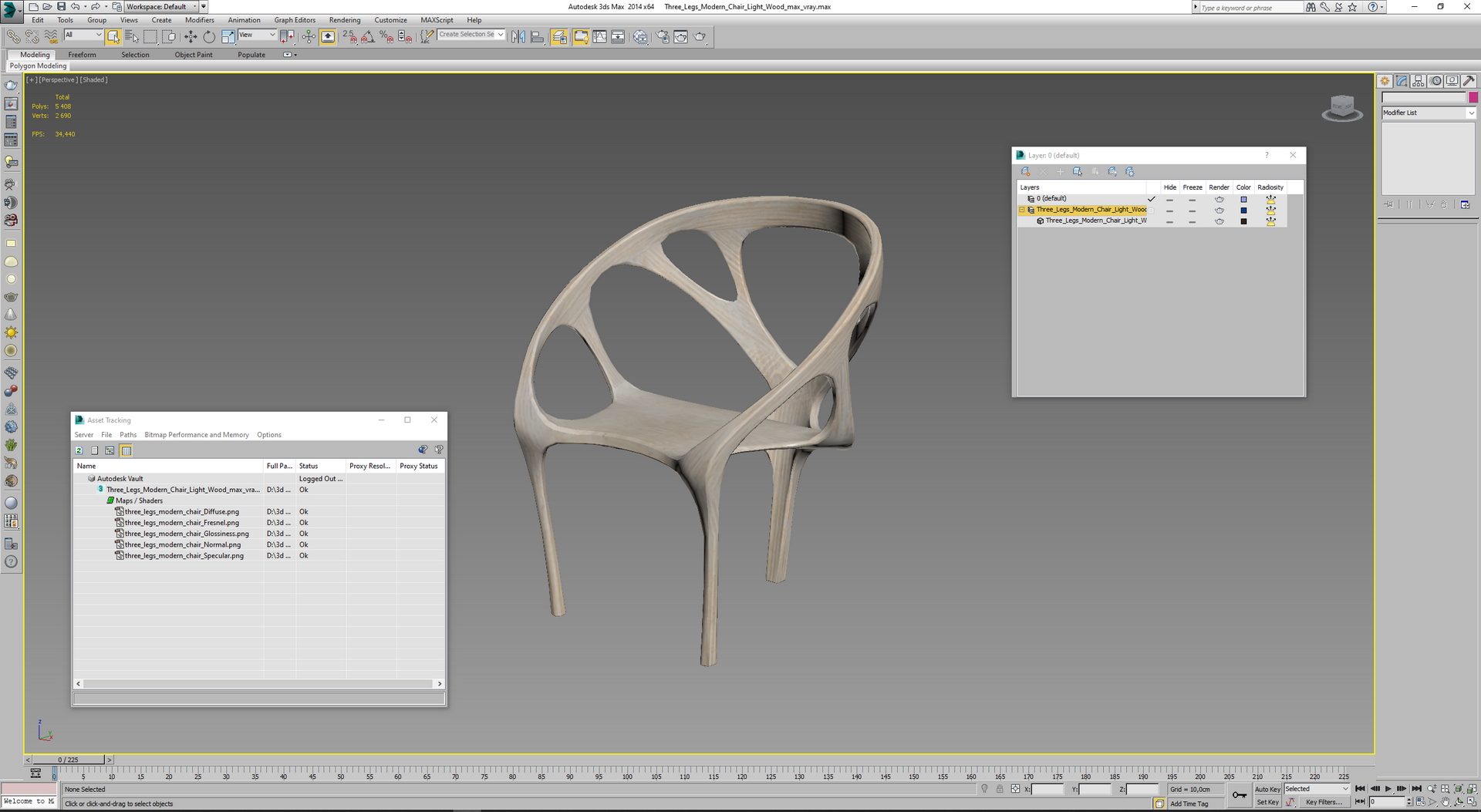 Three Legs Modern Chair Light Wood 3D model