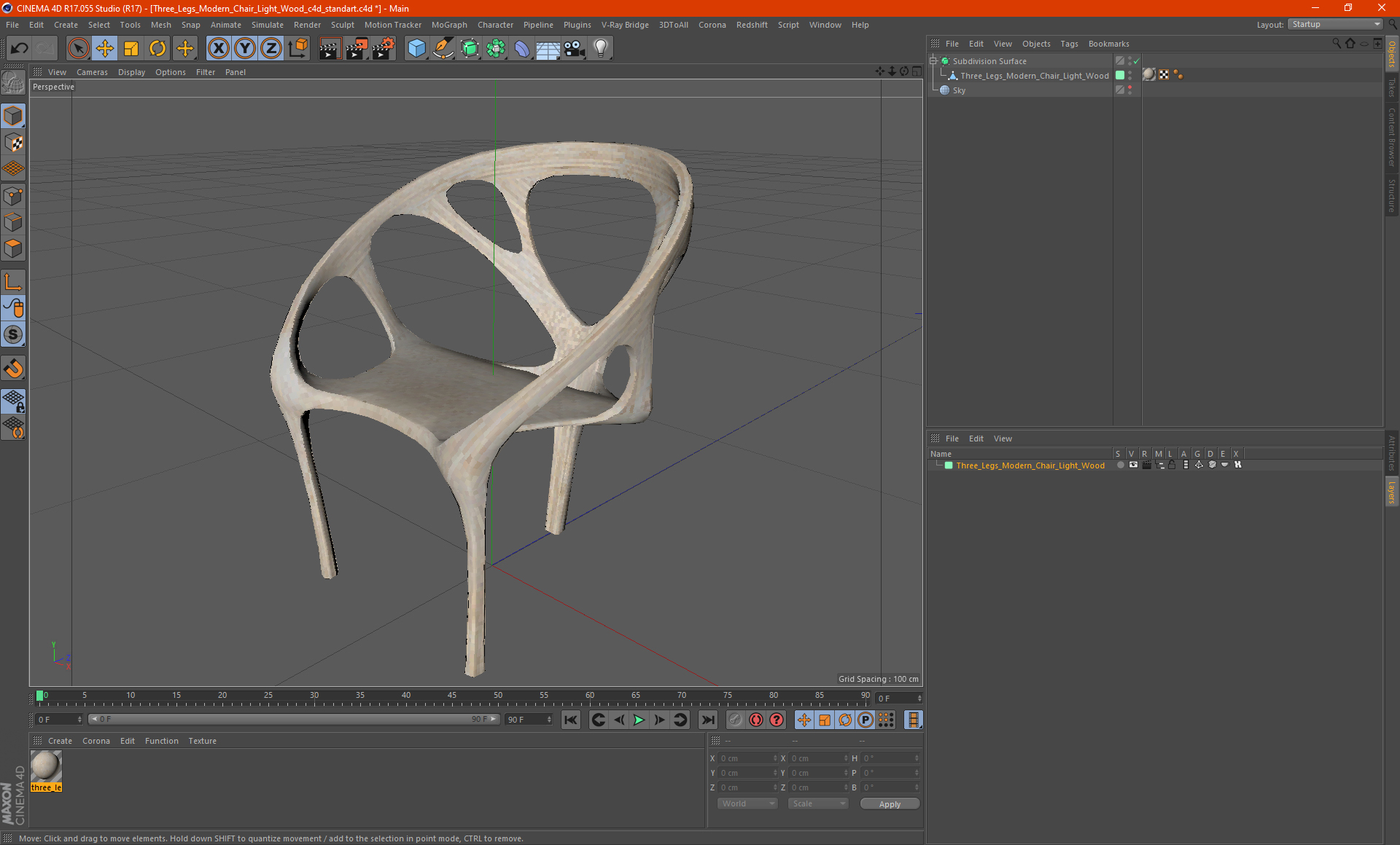Three Legs Modern Chair Light Wood 3D model
