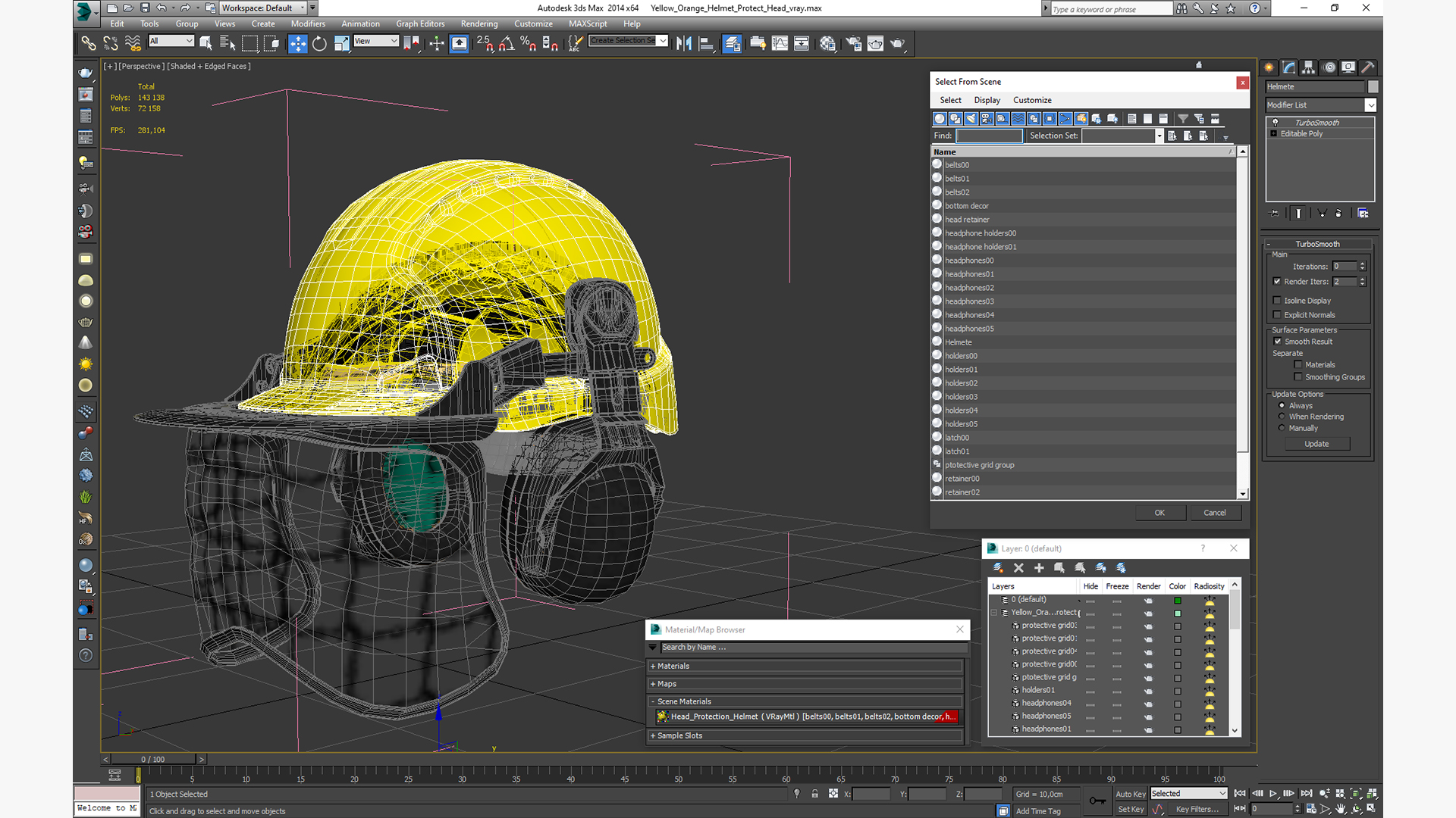 3D Yellow Orange Helmet Protect Head model