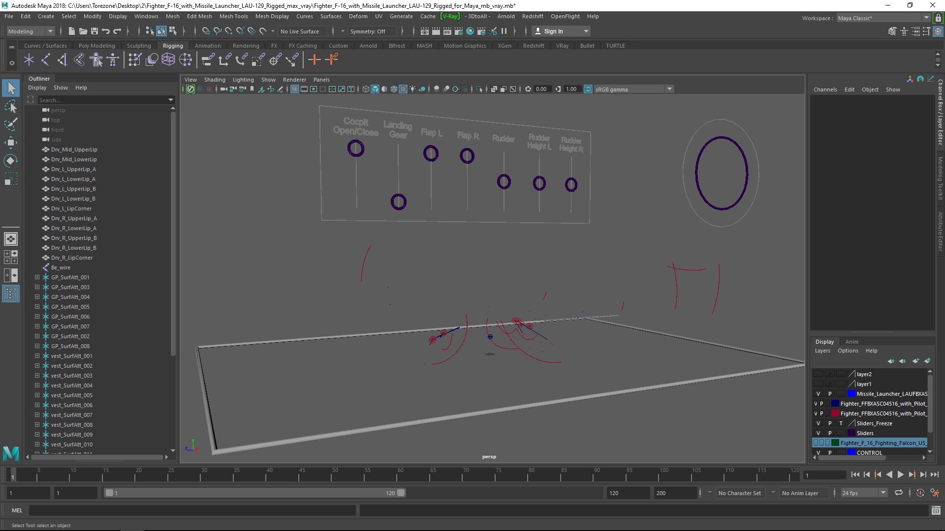 3D Fighter F-16 with Missile Launcher LAU-129 Rigged for Maya model