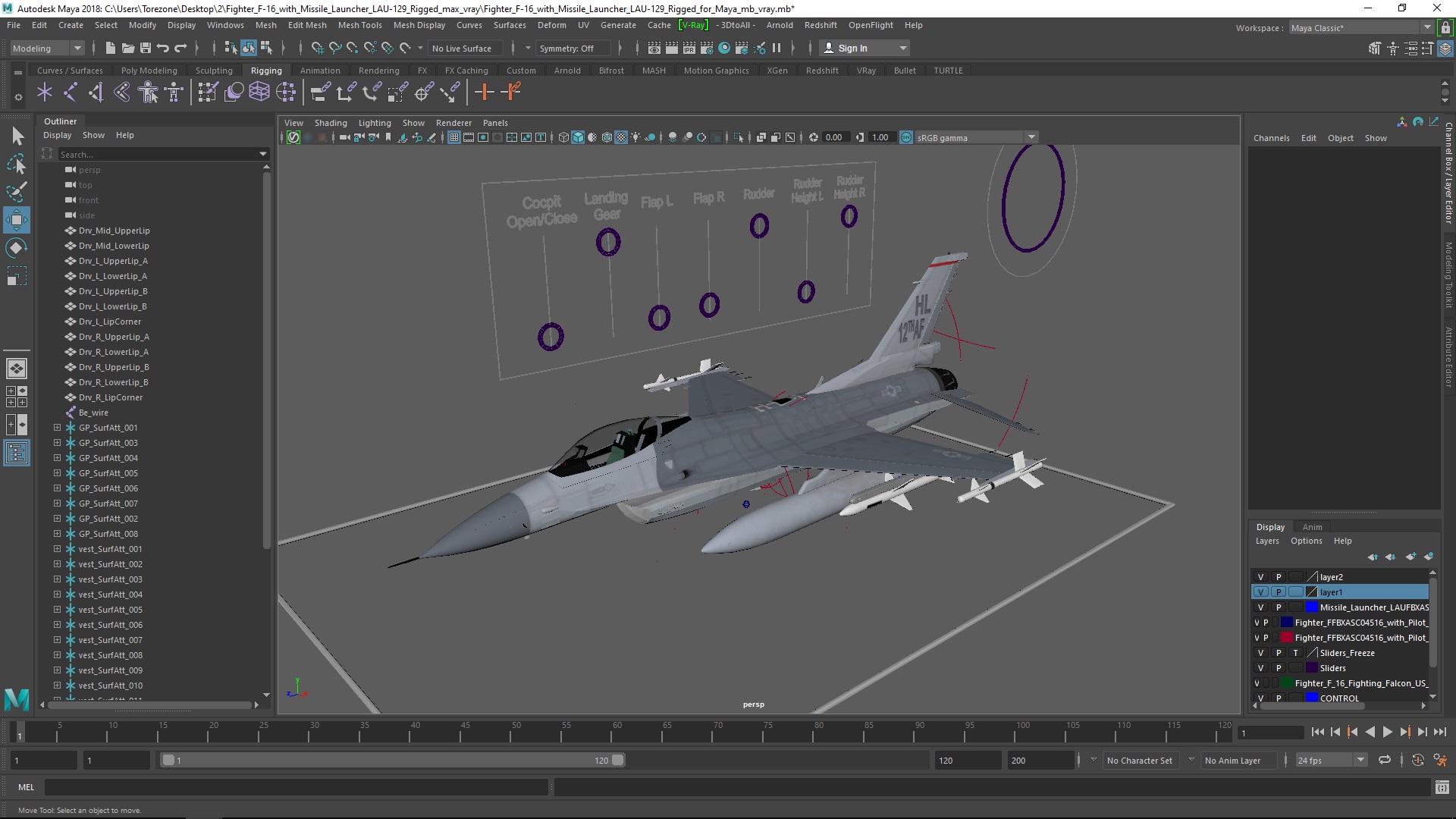 3D Fighter F-16 with Missile Launcher LAU-129 Rigged for Maya model