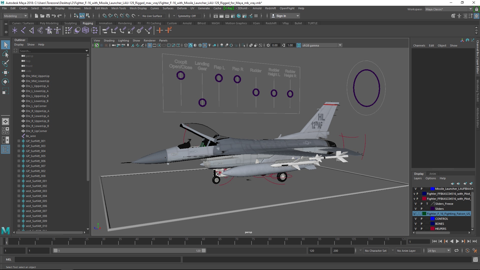 3D Fighter F-16 with Missile Launcher LAU-129 Rigged for Maya model