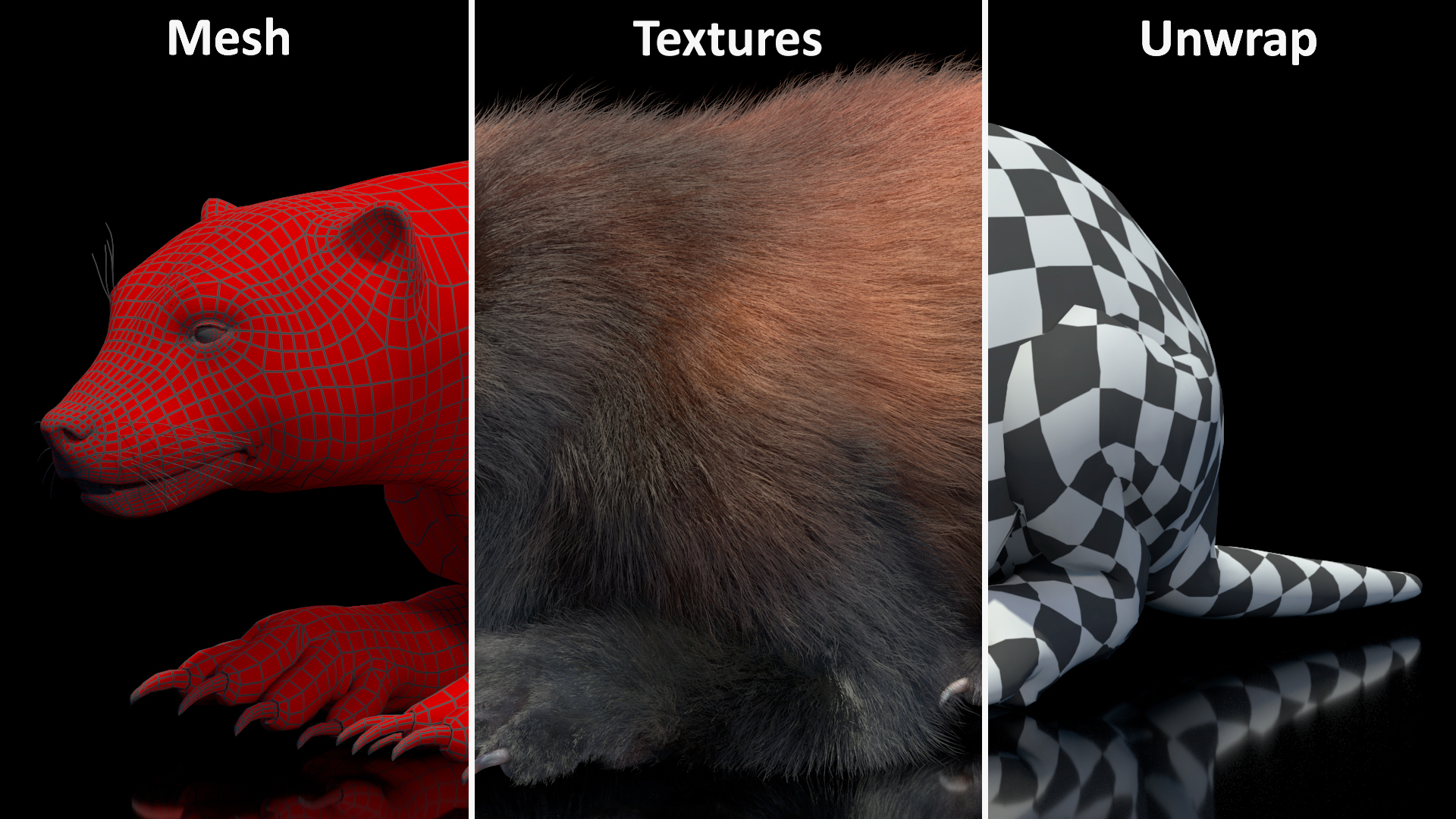 3D model Wolverine Dark Color Lying Down Pose Fur