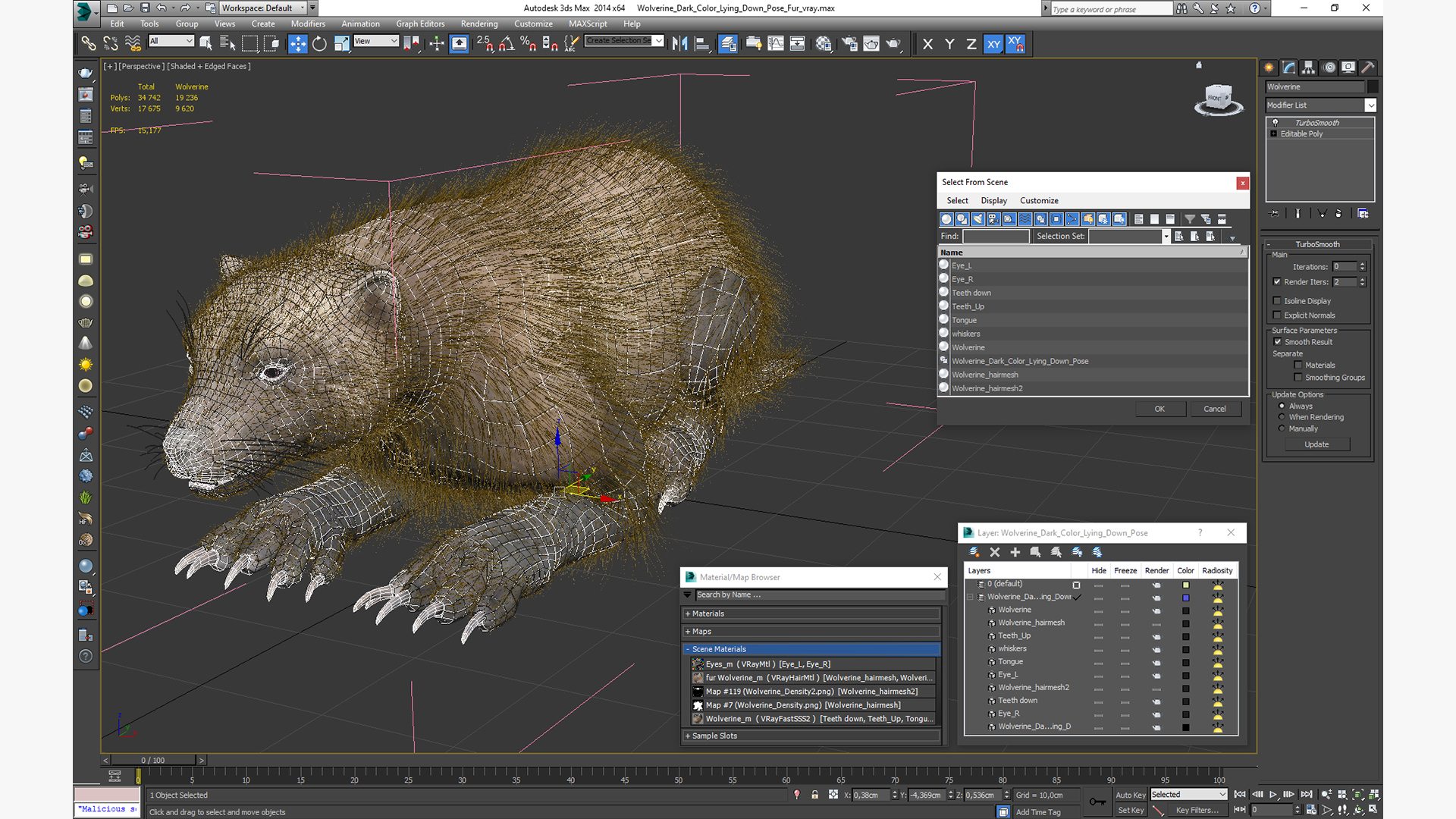 3D model Wolverine Dark Color Lying Down Pose Fur