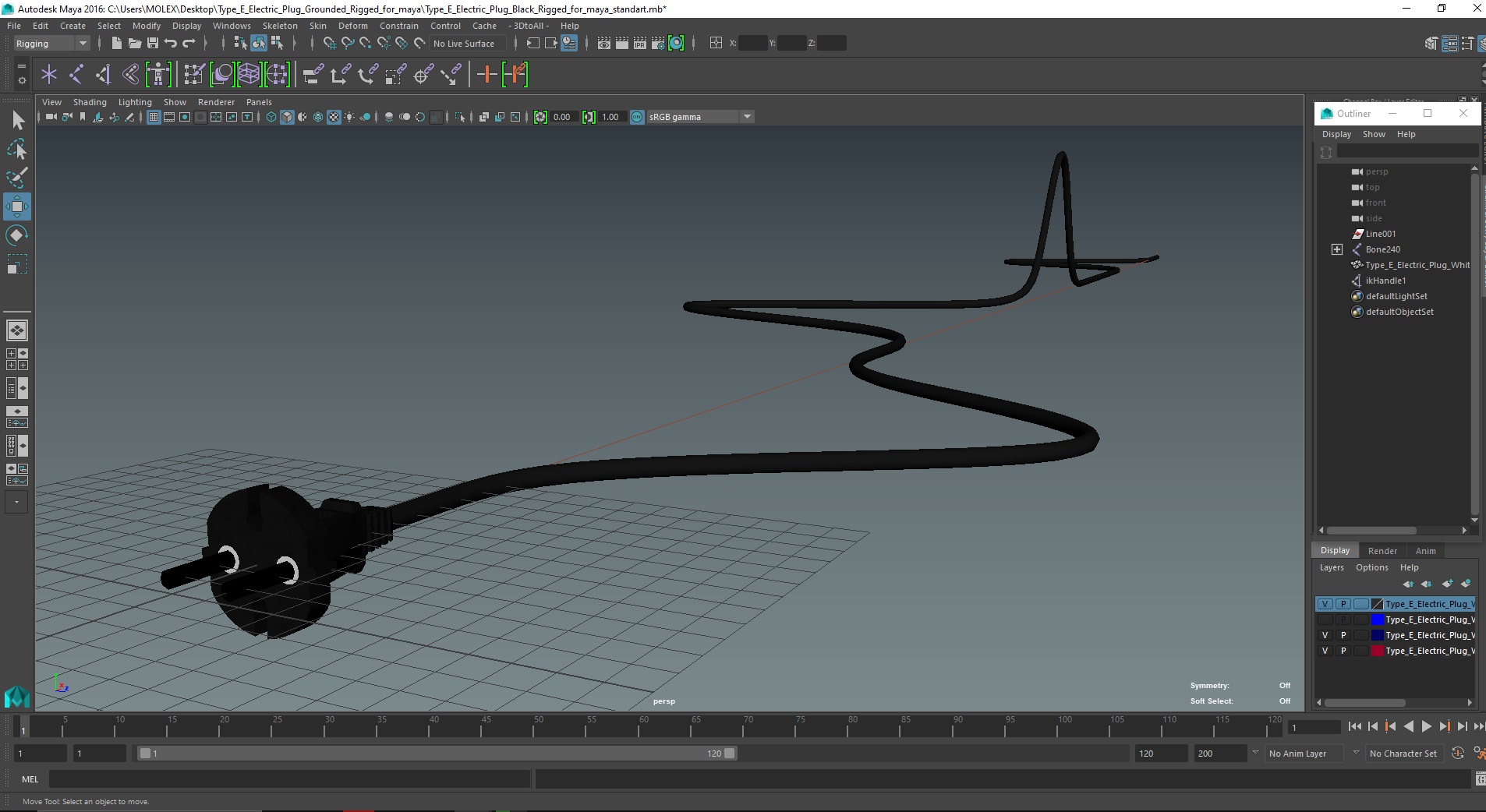 Type E Electric Plug Black Rigged for Maya 3D