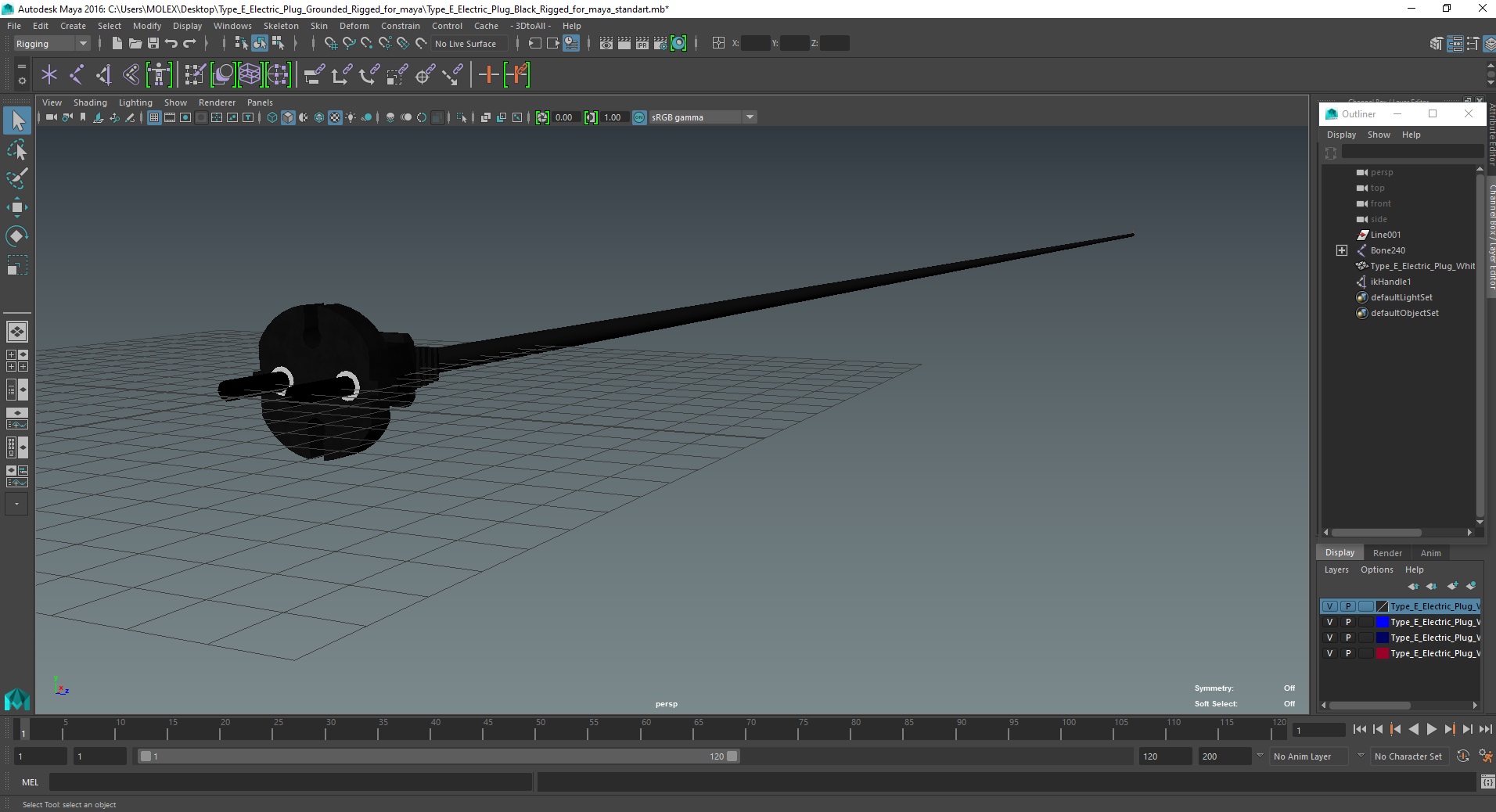Type E Electric Plug Black Rigged for Maya 3D