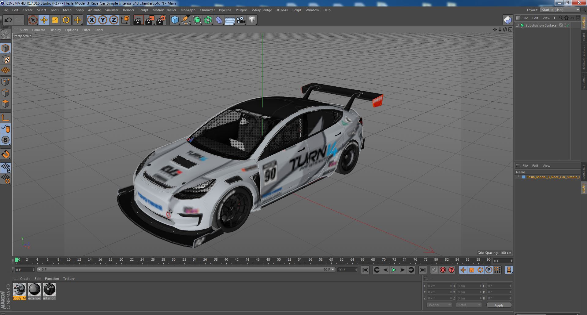 3D Tesla Model 3 Race Car Simple Interior model
