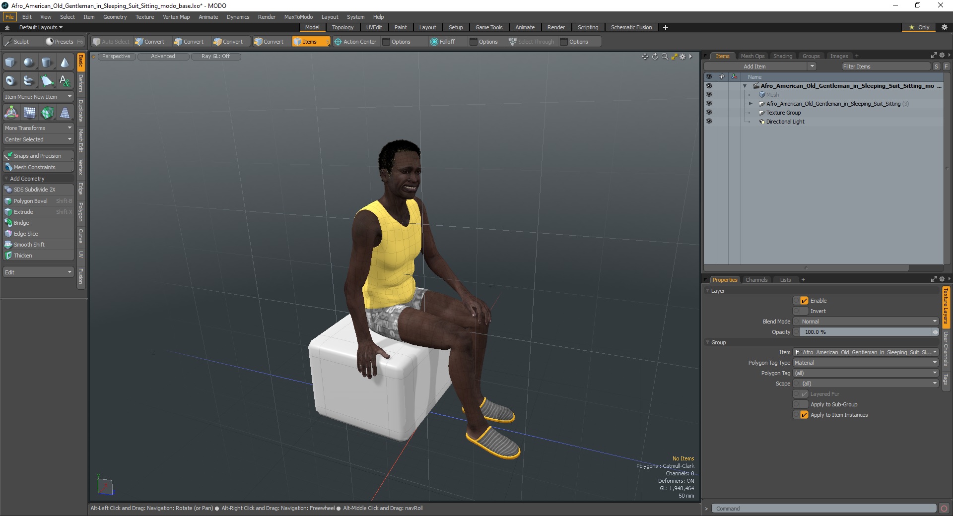 Afro American Old Gentleman in Sleeping Suit Sitting 3D