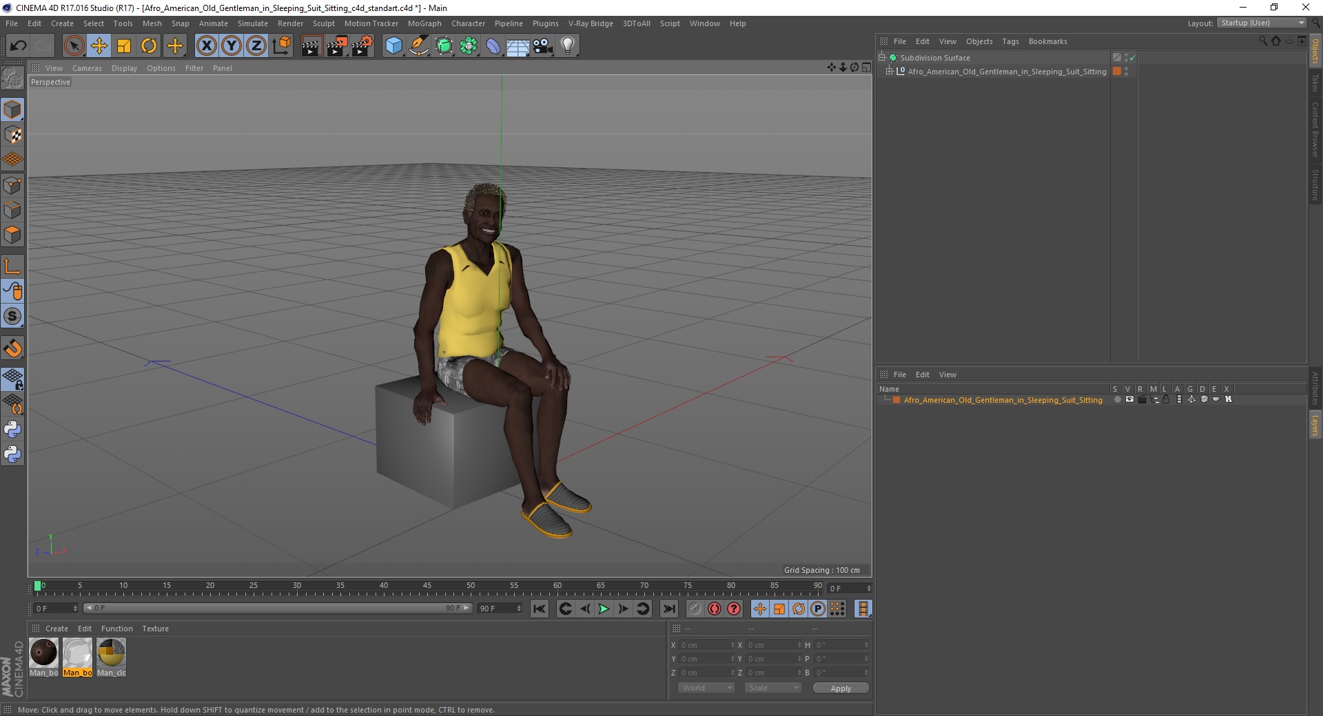 Afro American Old Gentleman in Sleeping Suit Sitting 3D