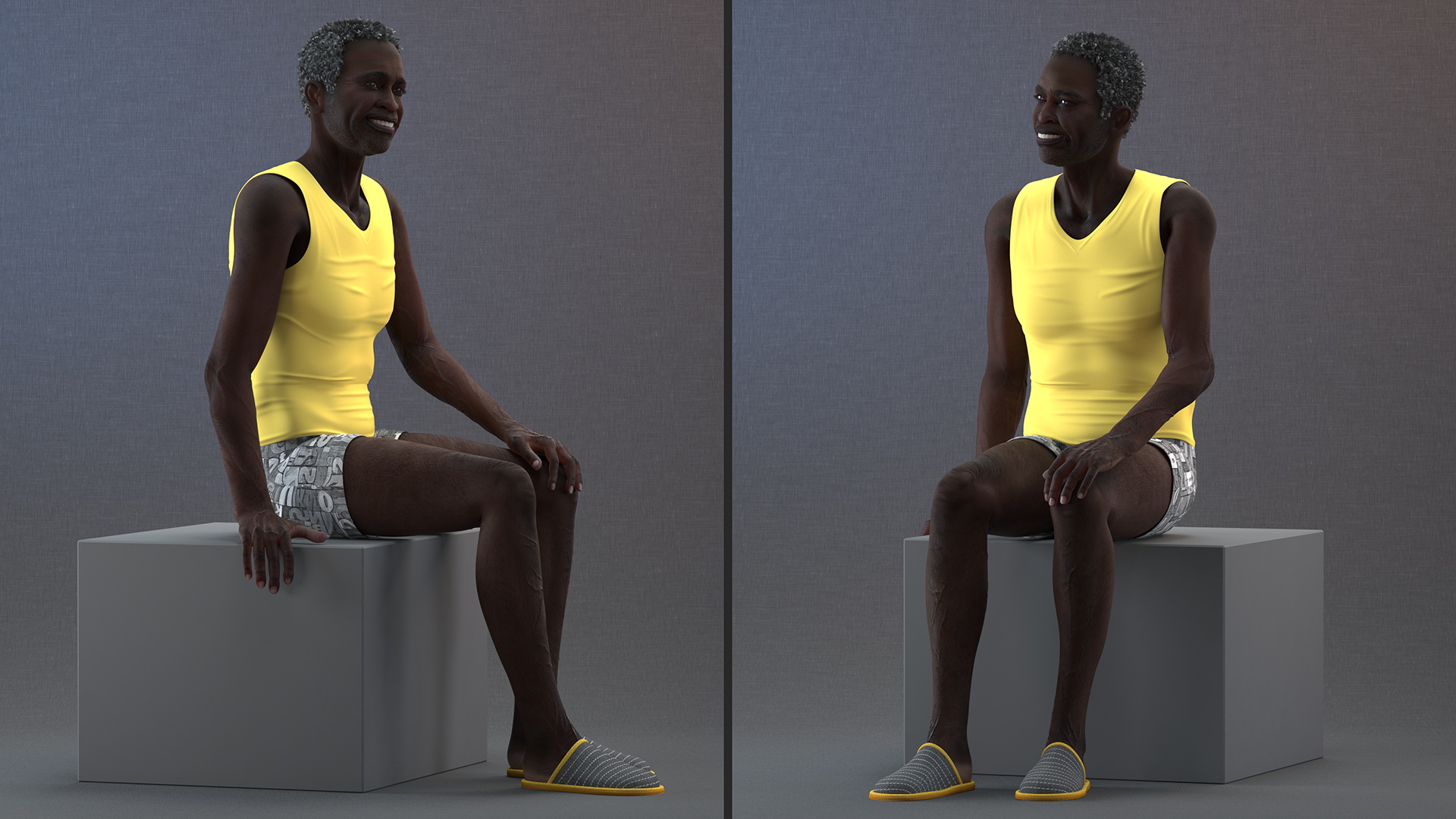 Afro American Old Gentleman in Sleeping Suit Sitting 3D