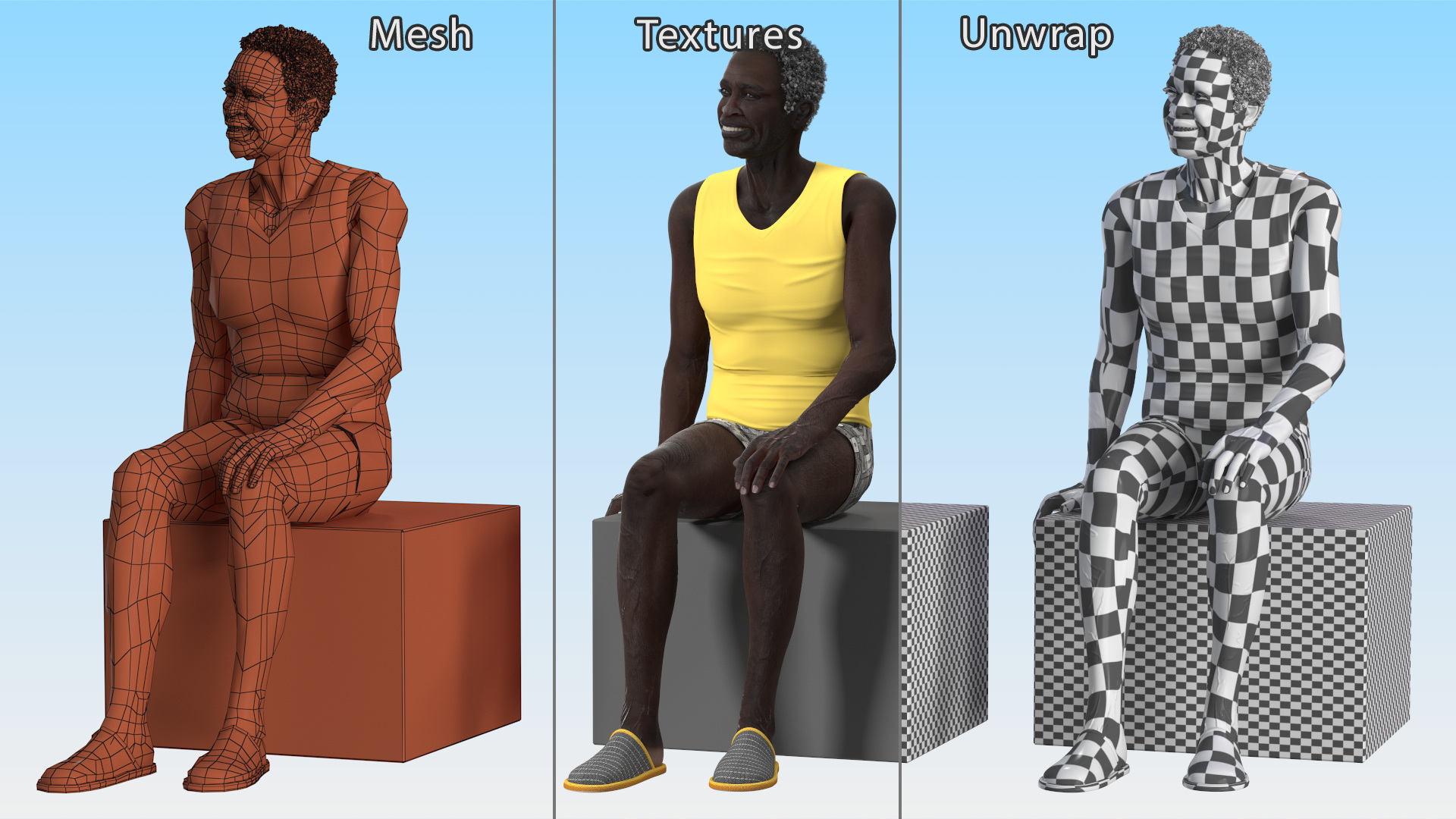 Afro American Old Gentleman in Sleeping Suit Sitting 3D