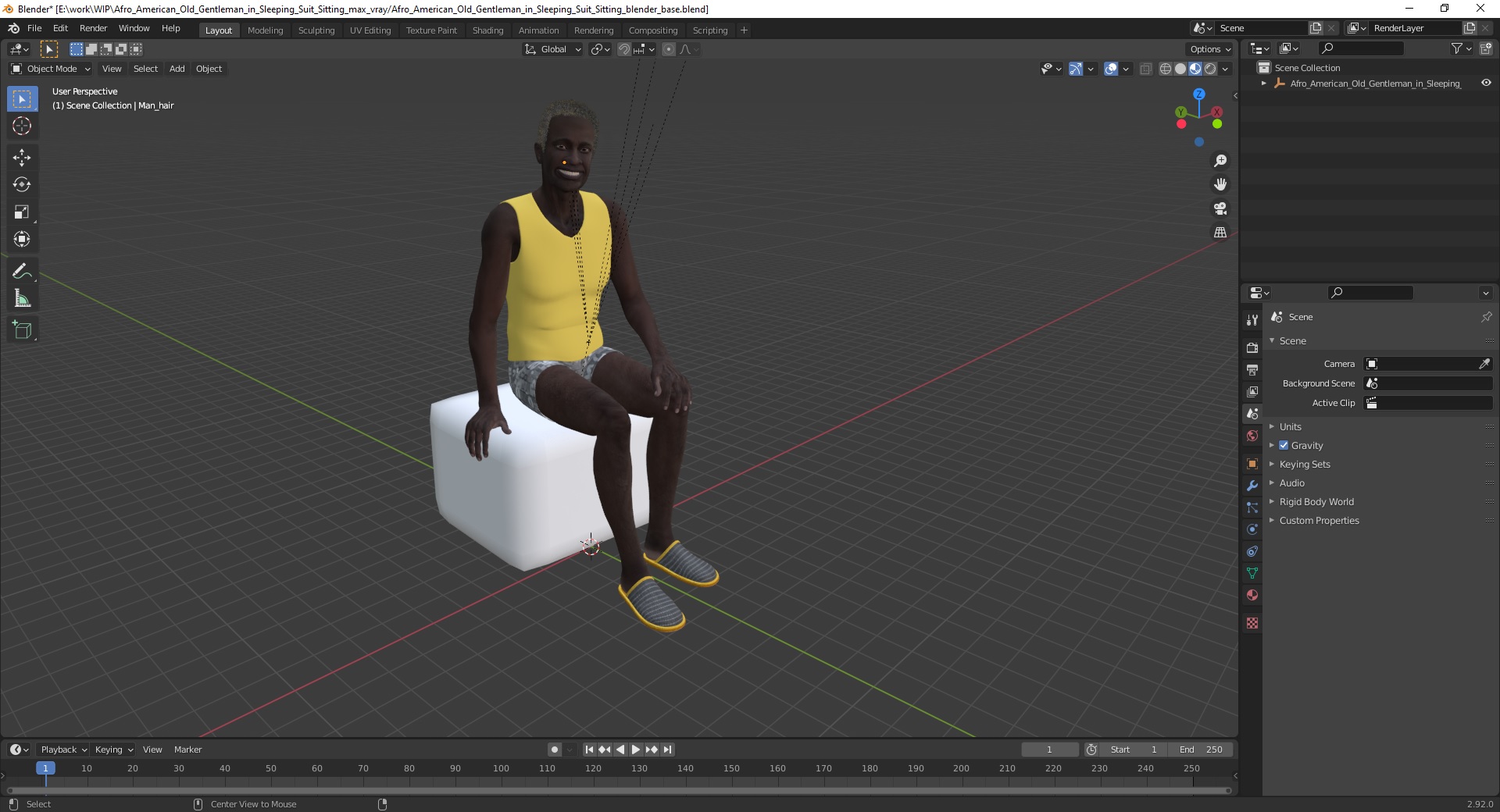 Afro American Old Gentleman in Sleeping Suit Sitting 3D