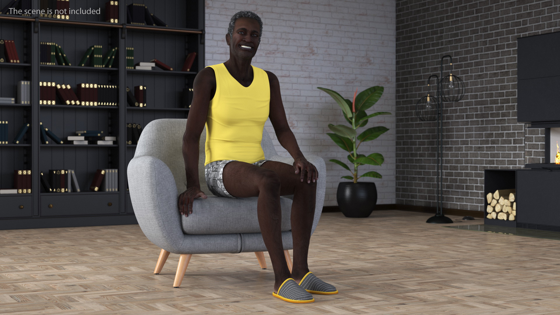 Afro American Old Gentleman in Sleeping Suit Sitting 3D