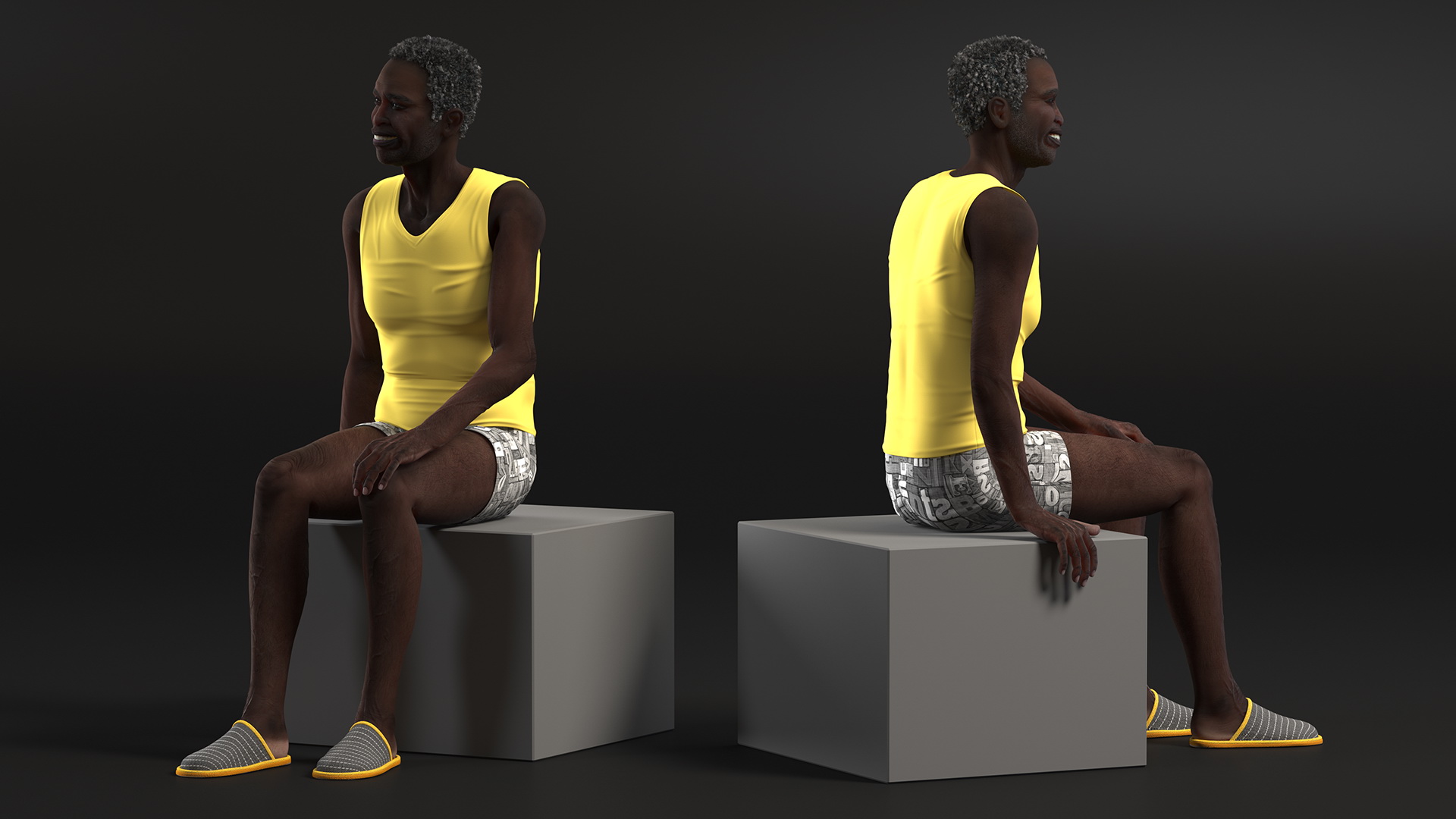 Afro American Old Gentleman in Sleeping Suit Sitting 3D