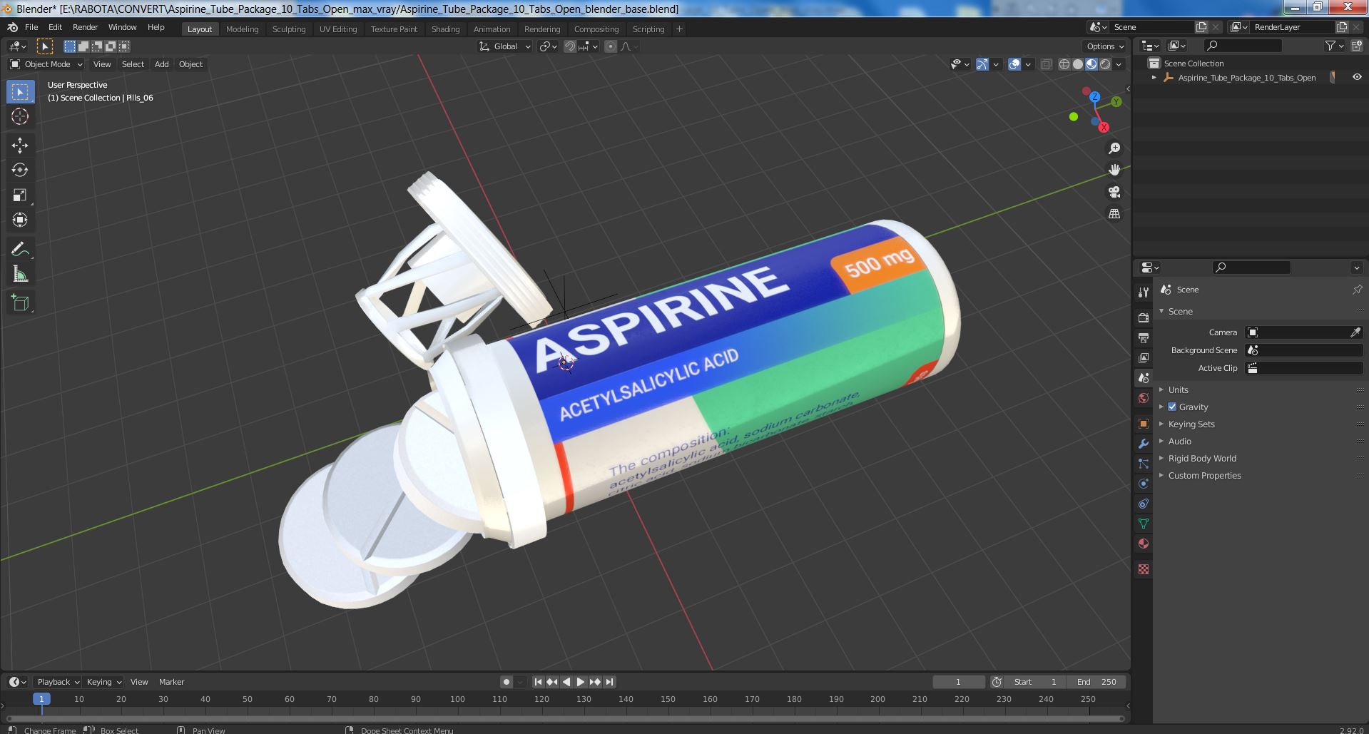 Aspirine Tube Package 10 Tabs Open 3D model