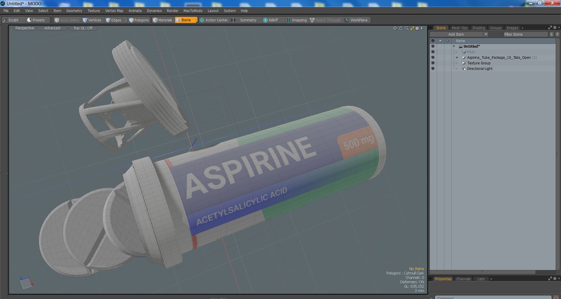 Aspirine Tube Package 10 Tabs Open 3D model