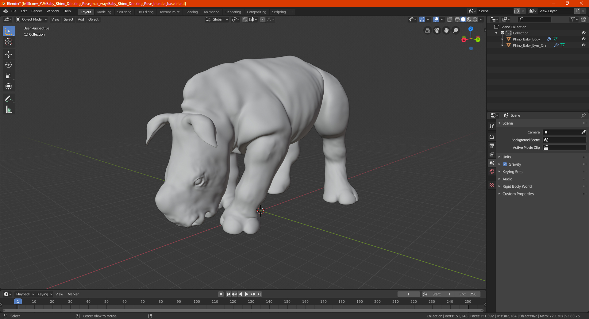 Baby Rhino Drinking Pose 3D model