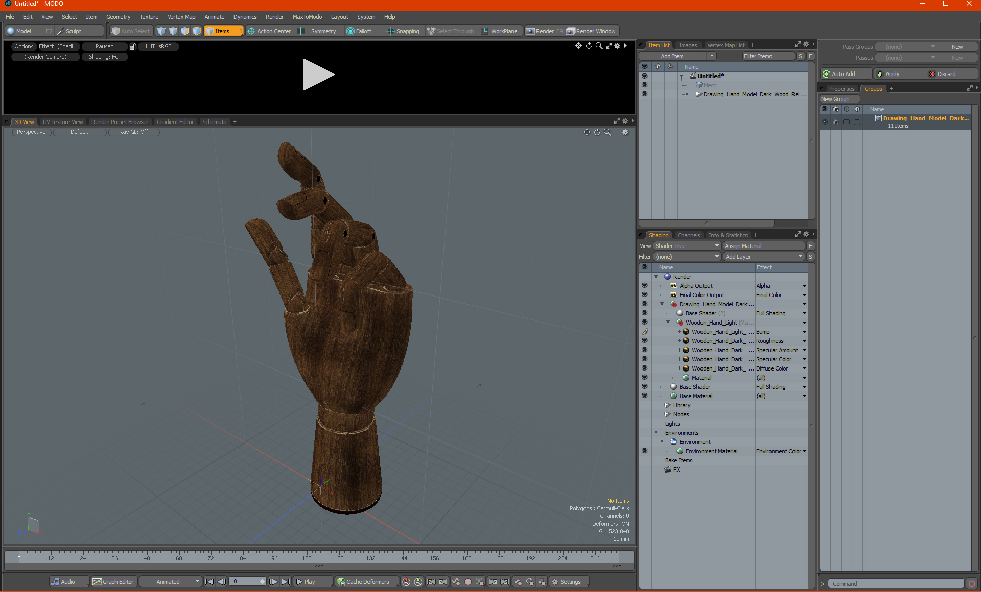 3D Drawing Hand Model Dark Wood Relaxed Pose