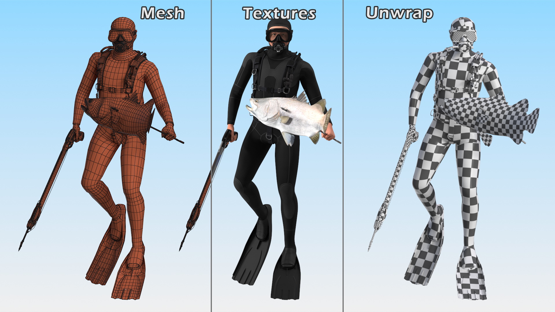 3D model Diver with Underwater Speargun and Fish Rigged for Maya