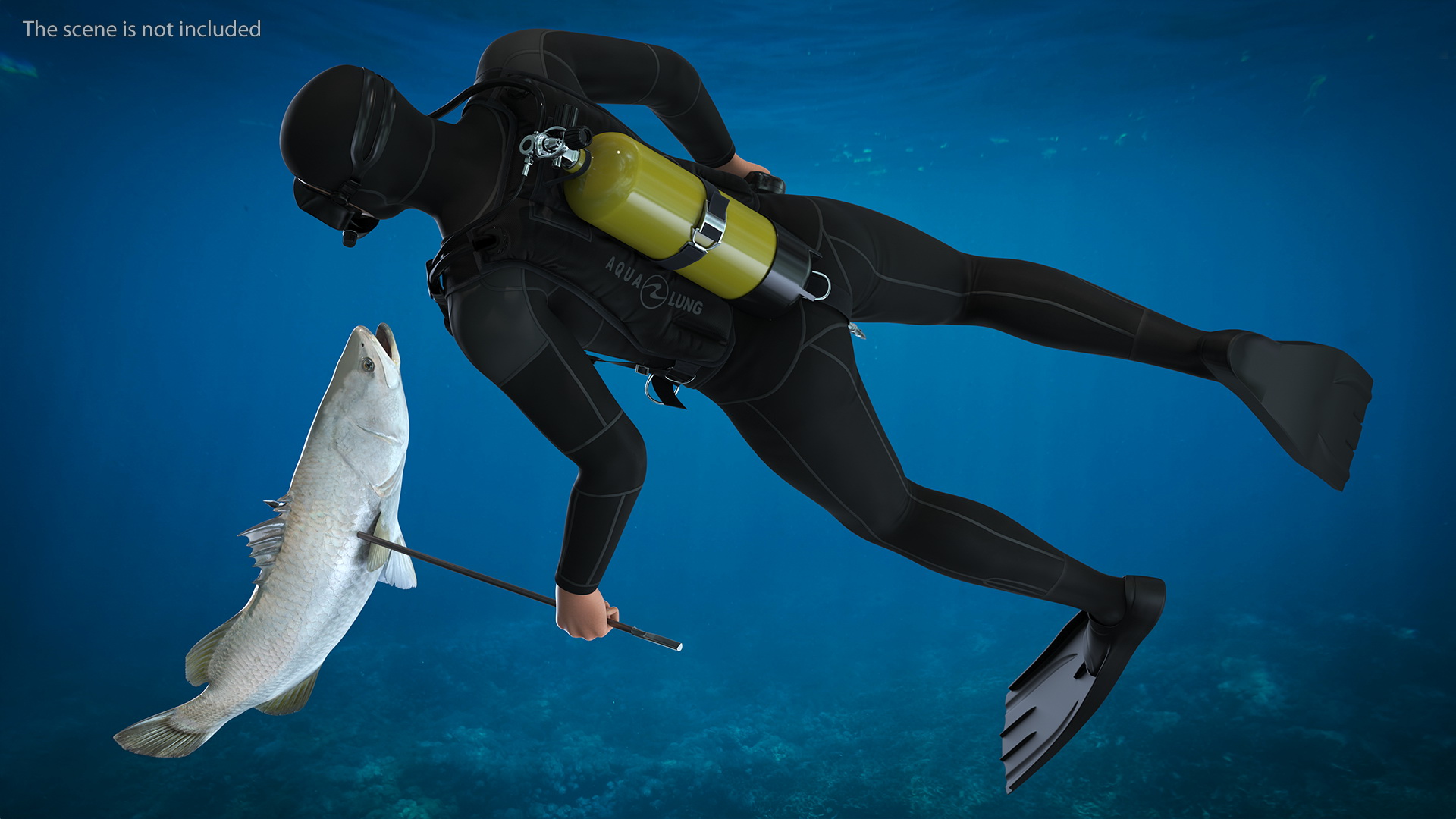 3D model Diver with Underwater Speargun and Fish Rigged for Maya