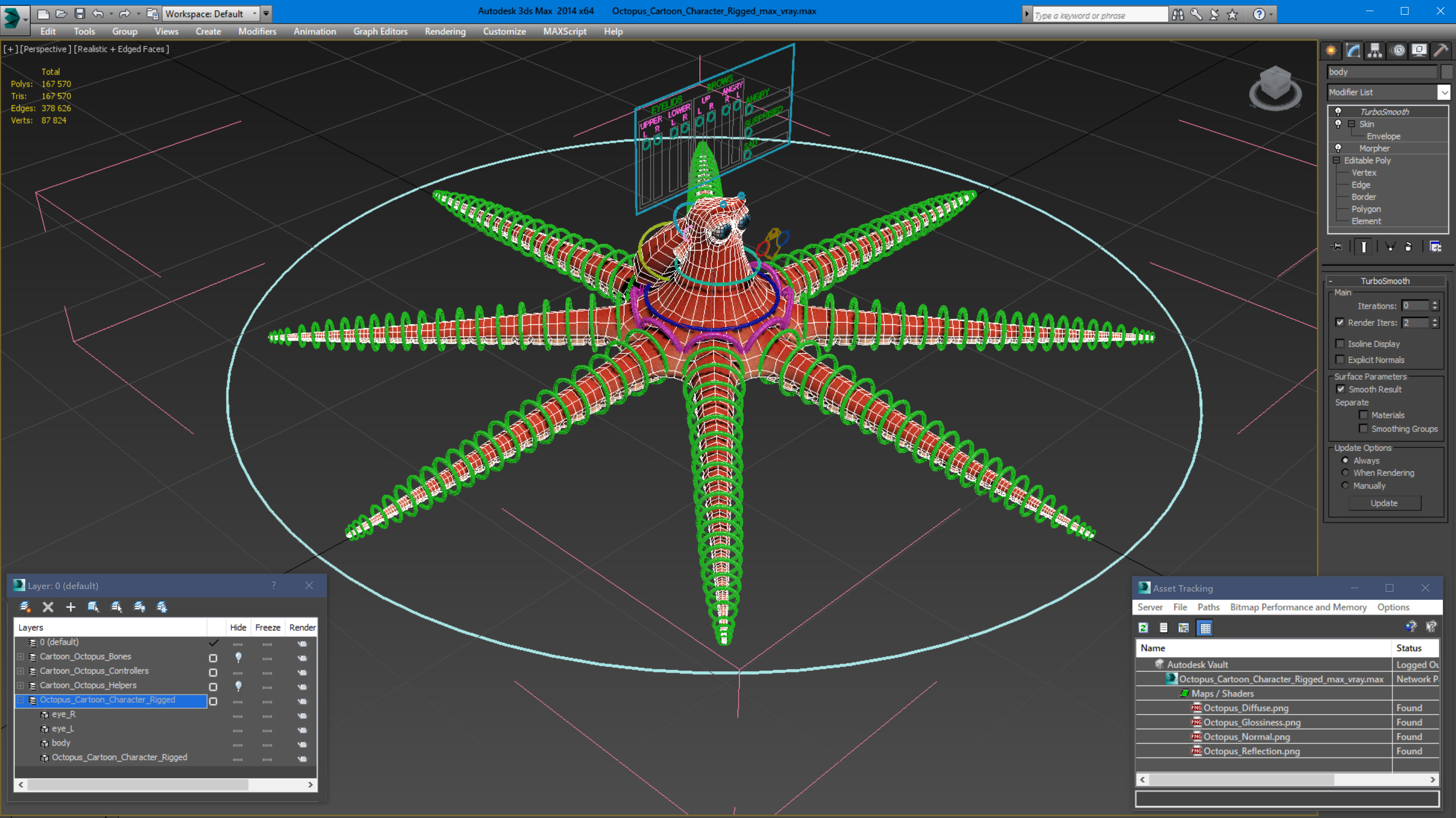 Octopus Cartoon Character Rigged 3D