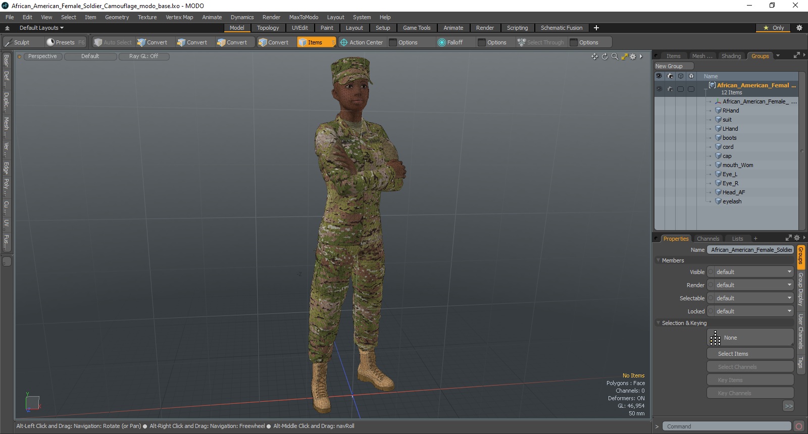 African American Female Soldier Camouflage 3D