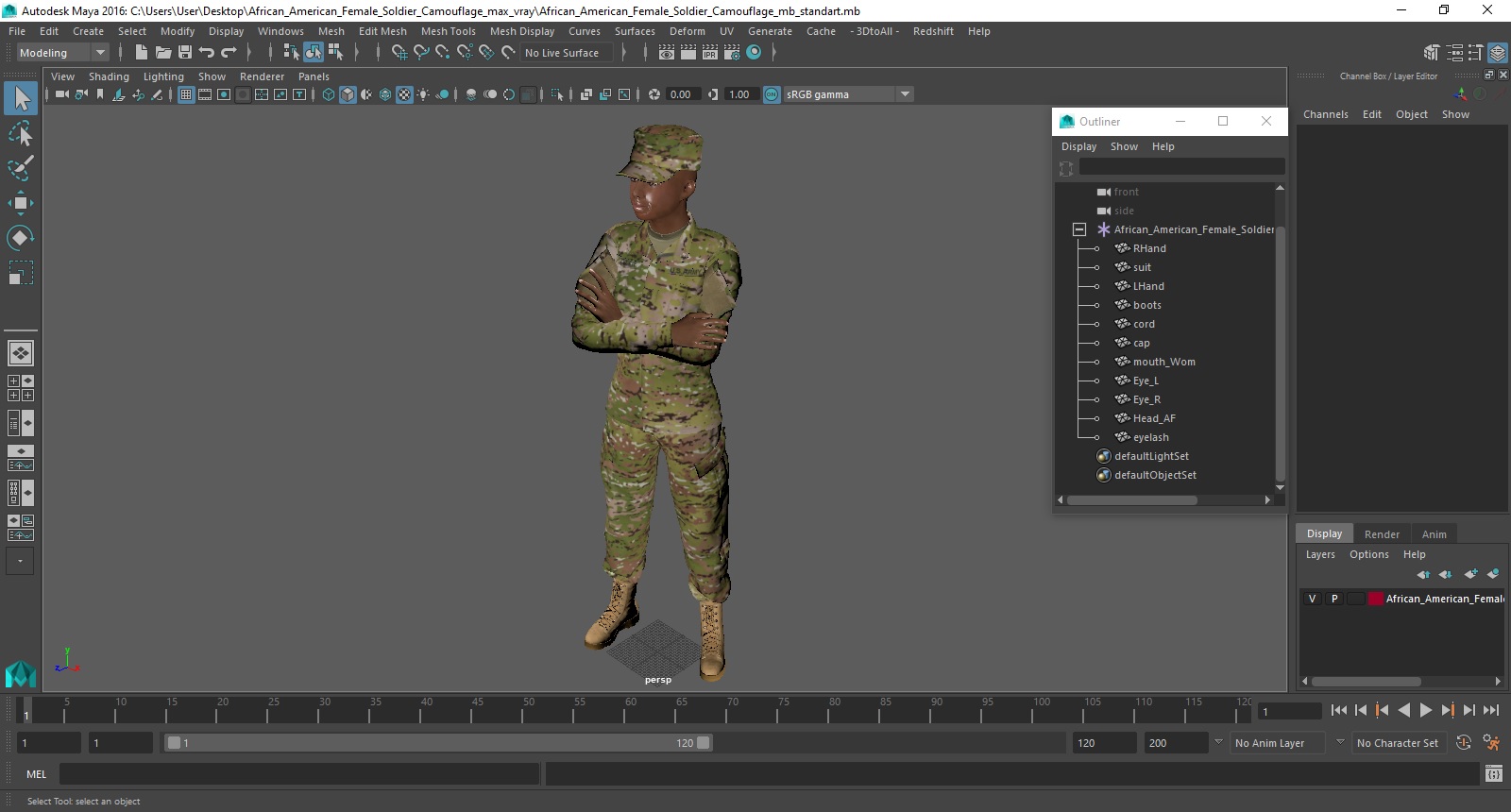 African American Female Soldier Camouflage 3D
